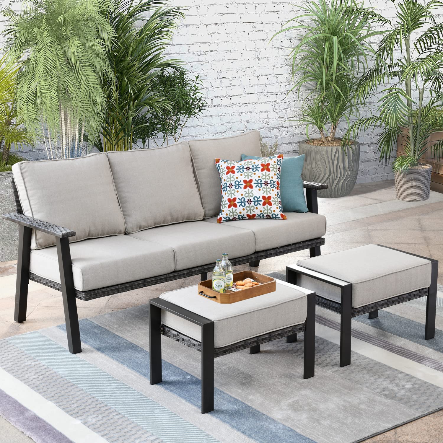**HOOOWOOO 3-Piece Outdoor Patio Furniture Set - All-Weather Wicker Sofa with Ottoman & Beige Cushions - Perfect for Garden, Balcony, and Poolside Relaxation**