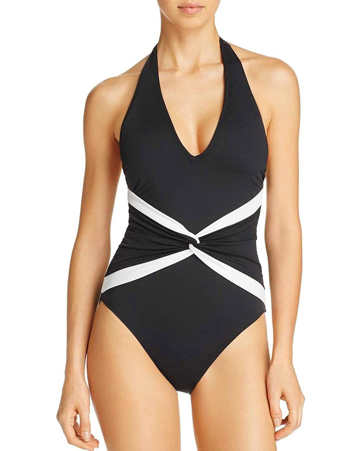LAUREN RALPH LAUREN Women's Plunging Twist Front One-Piece Swimsuit - Black & White - Size 16 | Sexy Swimwear for Beach, Pool & Vacation | Plus Size Bathing Suit for Women