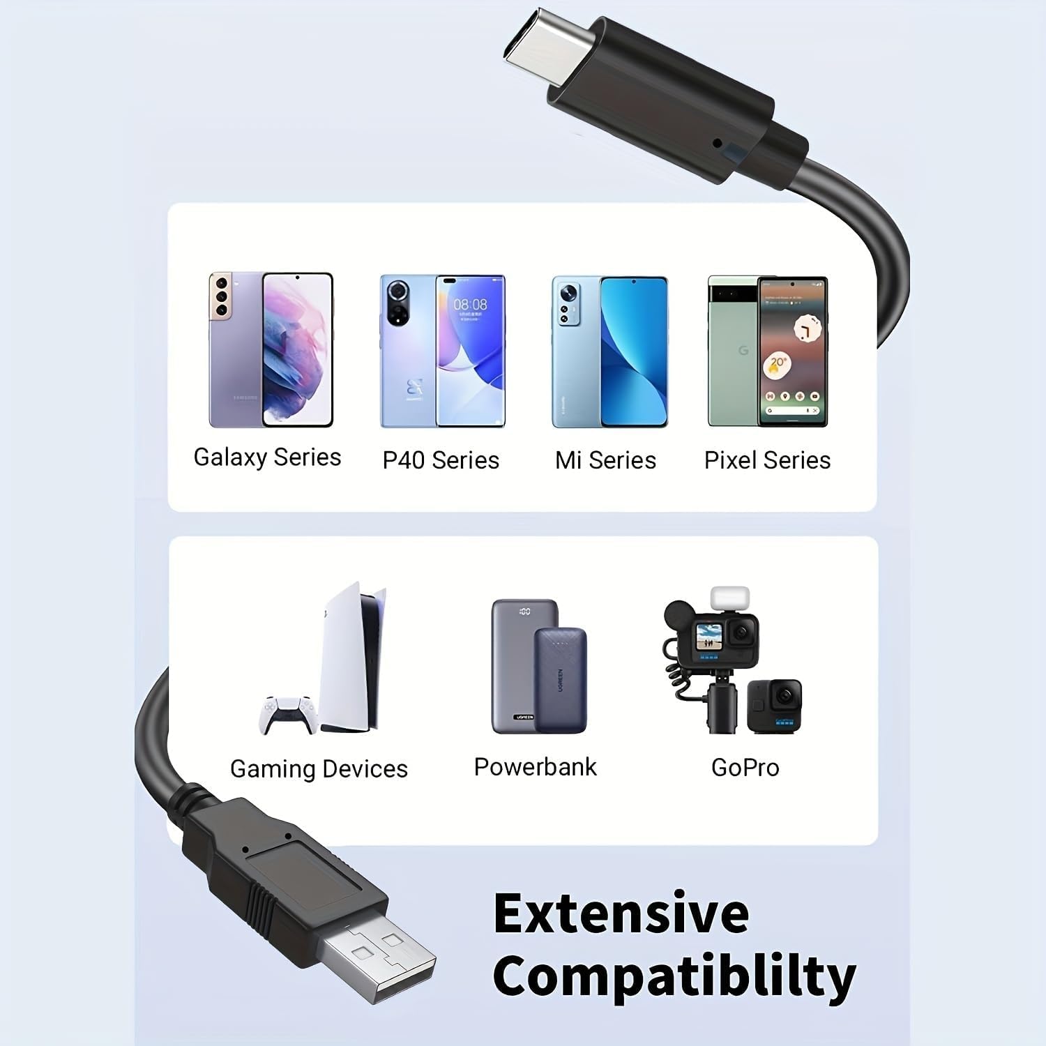 3ft USB-C to USB 2.0 Fast Charging Cable - 3A High-Speed Charger & 480Mbps Data Sync for Samsung Galaxy S23/S20/S10/S9/S8 Plus, A03s/A53/A71/A22, Tab A7 | LG Velvet/V30/V20/G6/G5 | PS5 Controller - Perfect for Home, Office & Gaming Setup