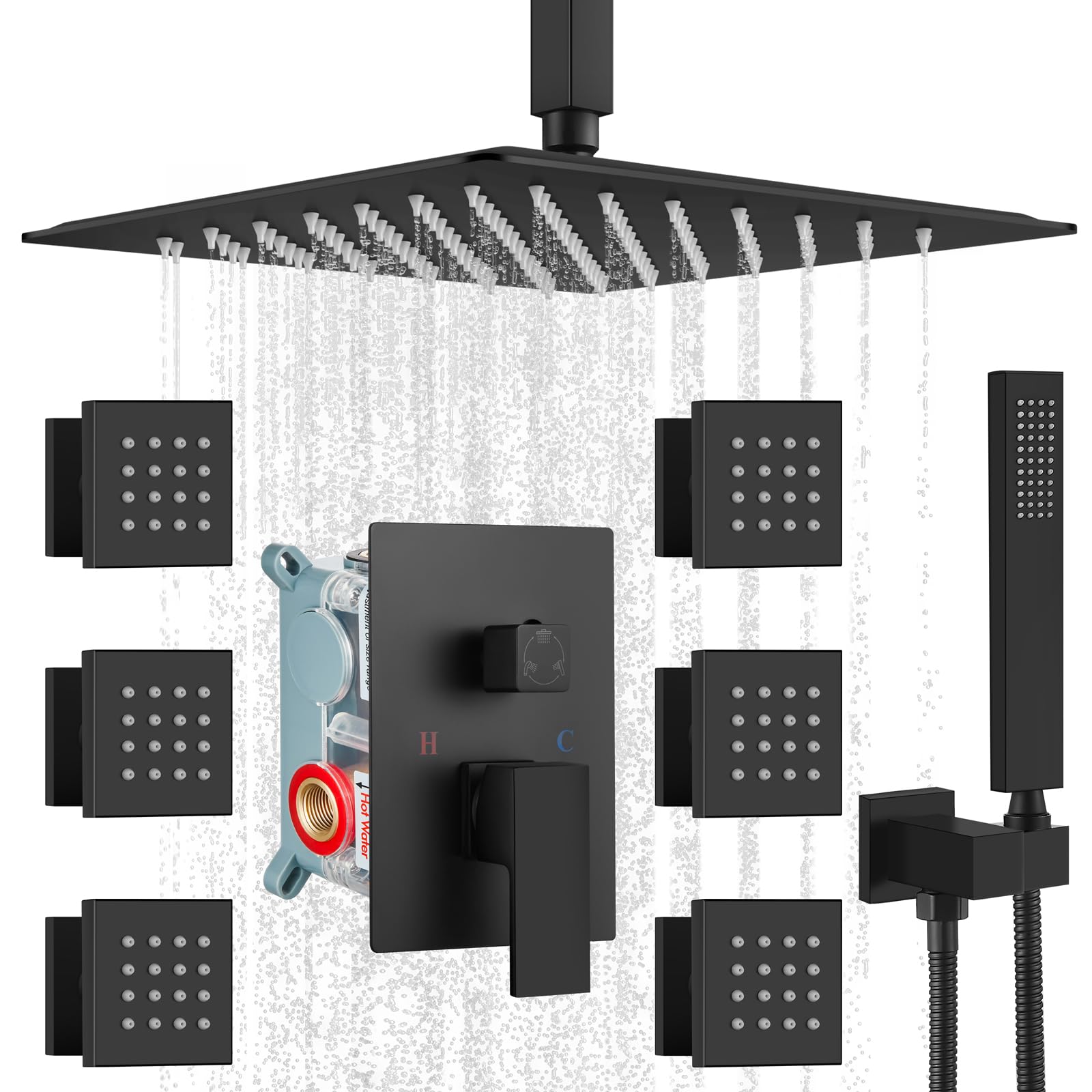 Gotonovo Matte Black Ceiling Mounted Rain Mixer Shower Faucet Set - 12 Inch Square Rainfall Shower Head with 6 Body Spray Jets, Brass Handheld Shower & Rough-in Valve - Perfect for Luxury Bathroom & Spa Experience