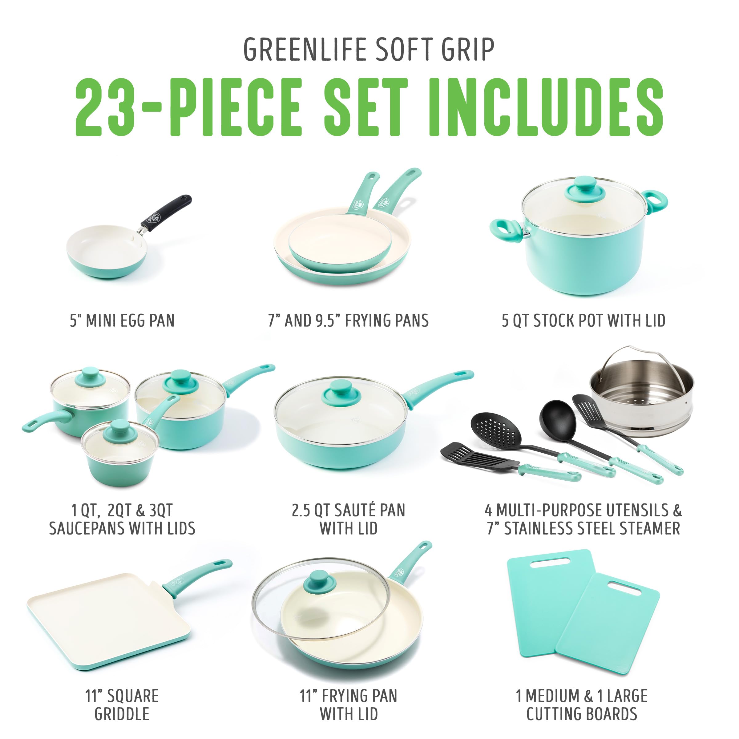 GreenLife Soft Grip 23-Piece Non-Toxic Ceramic Cookware Set - PFAS & PFOA Free Pots & Pans with Even Heat Distribution, Warp Resistant, Dishwasher & Oven Safe - Turquoise Kitchen Essentials for Healthy Cooking & Easy Cleanup | Perfect for Family Meals, Meal Prep & Everyday Cooking
