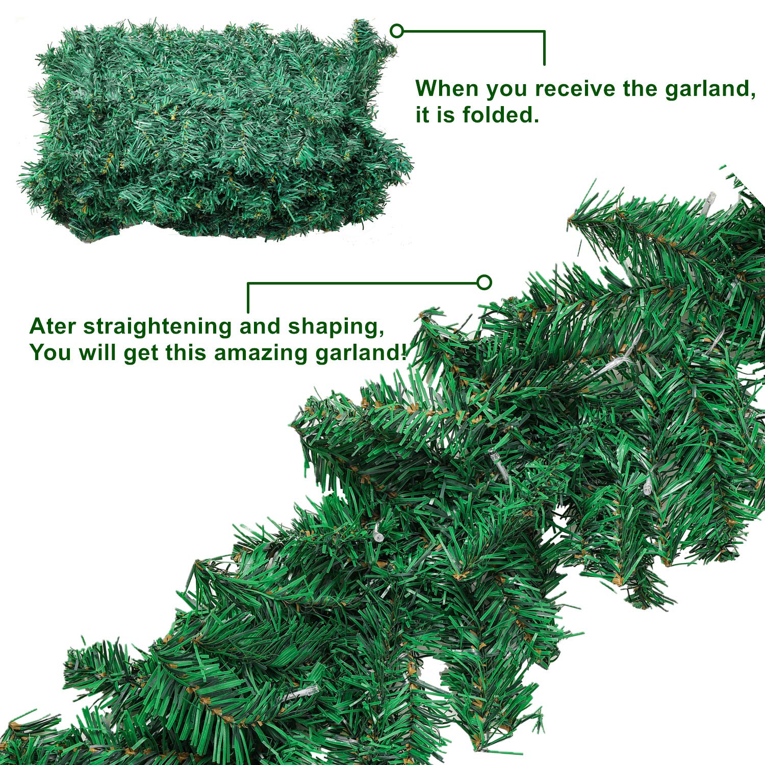 9 ft Pre-Lit Christmas Pine Garland with 50 Warm White LED Lights - Battery Operated with Timer for Outdoor Holiday Decorations - Perfect for Doorways, Mantels, and Staircase Decor