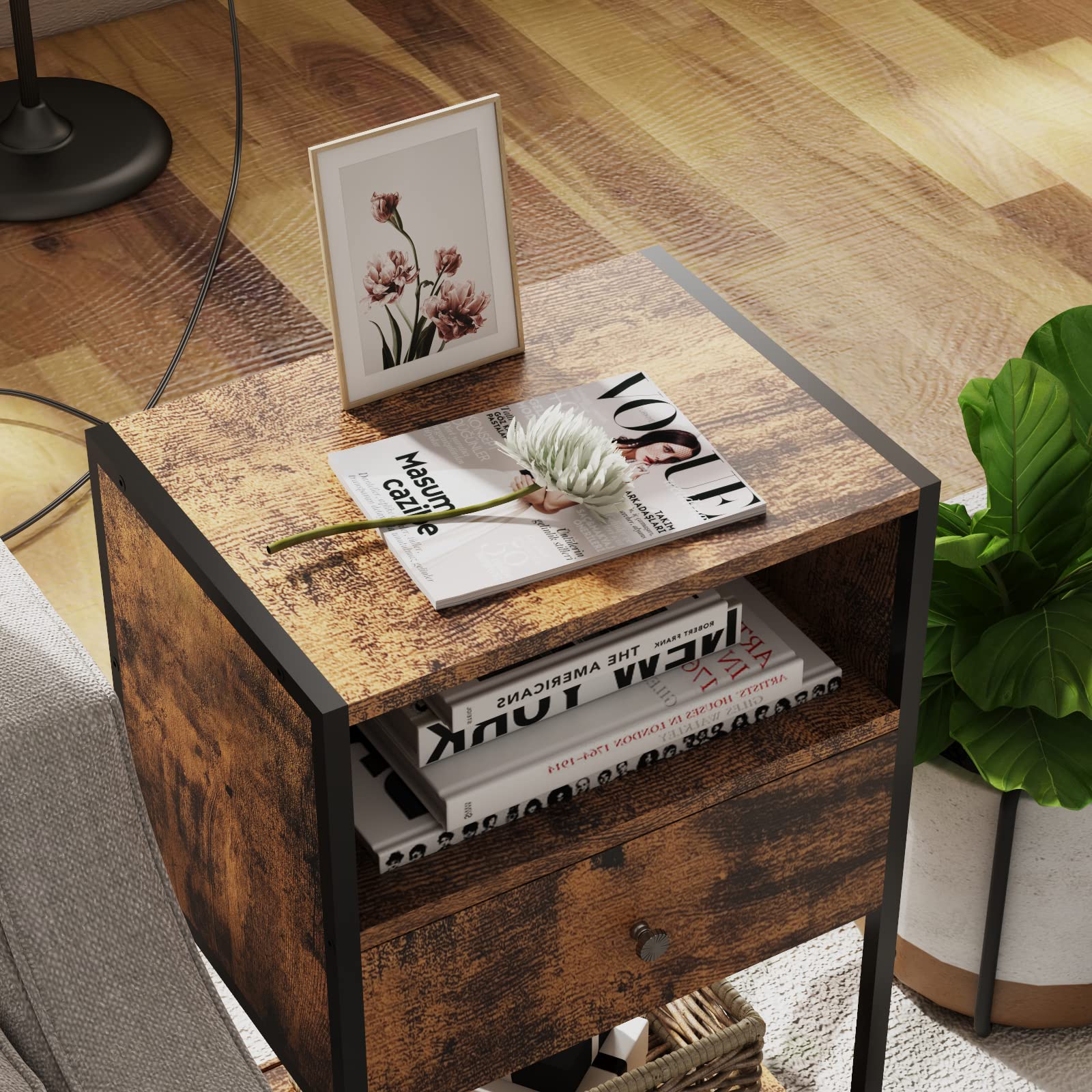 Modern Nightstand with USB Charging Station & Drawer - Rustic Brown Bedside Table with Open Storage Shelf - Perfect for Bedroom, Living Room or Office
