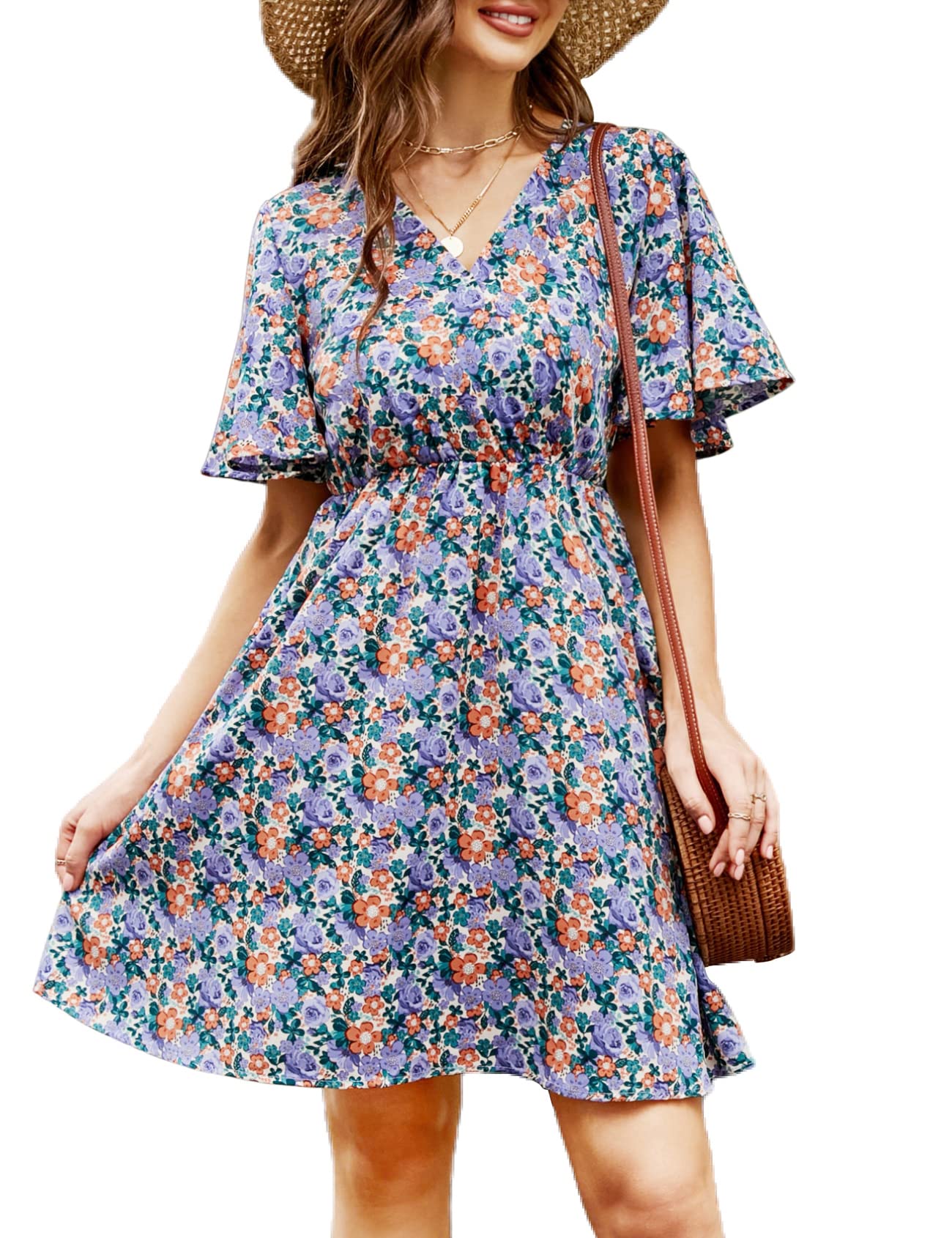 SimpleFun Women's Summer Dresses Casual Short Sleeve Wrap V-Neck Floral Print Flowy Mini Dress - Perfect for Beach Vacation, Date Night & Summer Outings