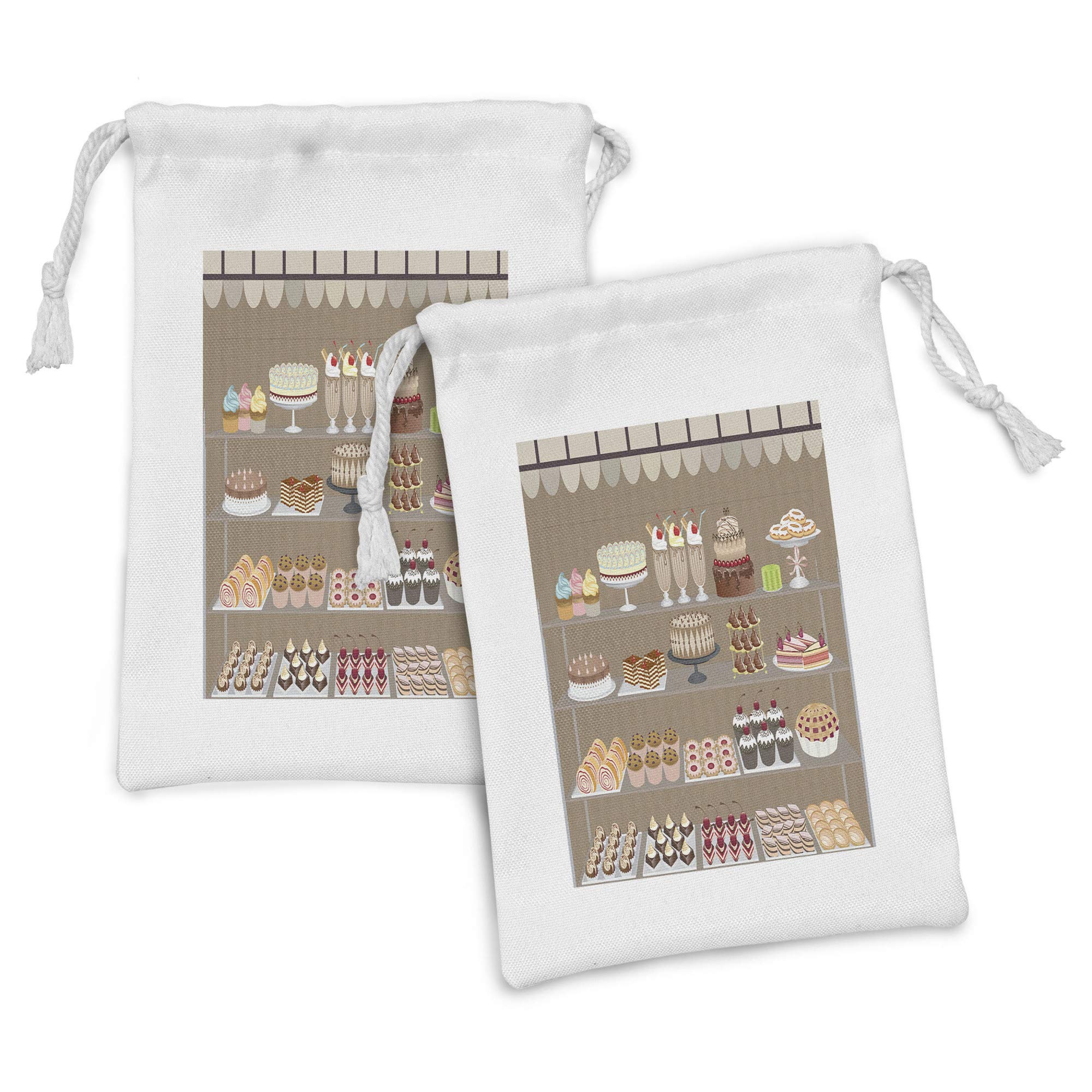 Ambesonne 2-Pack Dessert Fabric Drawstring Pouches - Bakery Shop Window Design with Apple Pies, Milkshakes & Cakes - 9