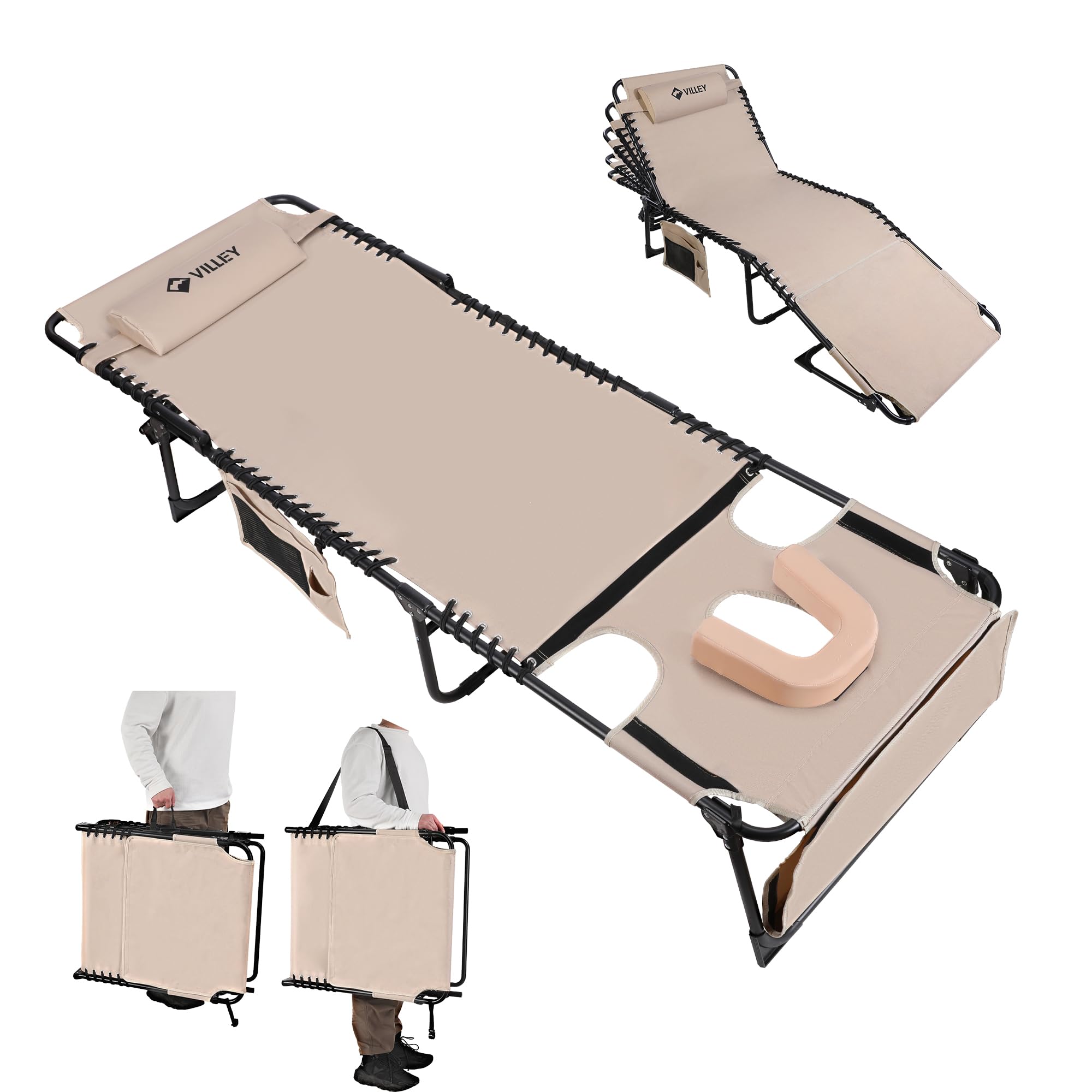 VILLEY Oversized Chaise Lounge Chair with Face Hole - Portable Adjustable Reclining Tanning Chair for Beach, Pool, Patio & Lawn | Heavy-Duty Folding Sunbathing Chair for Outdoor Relaxation & Sun Tanning