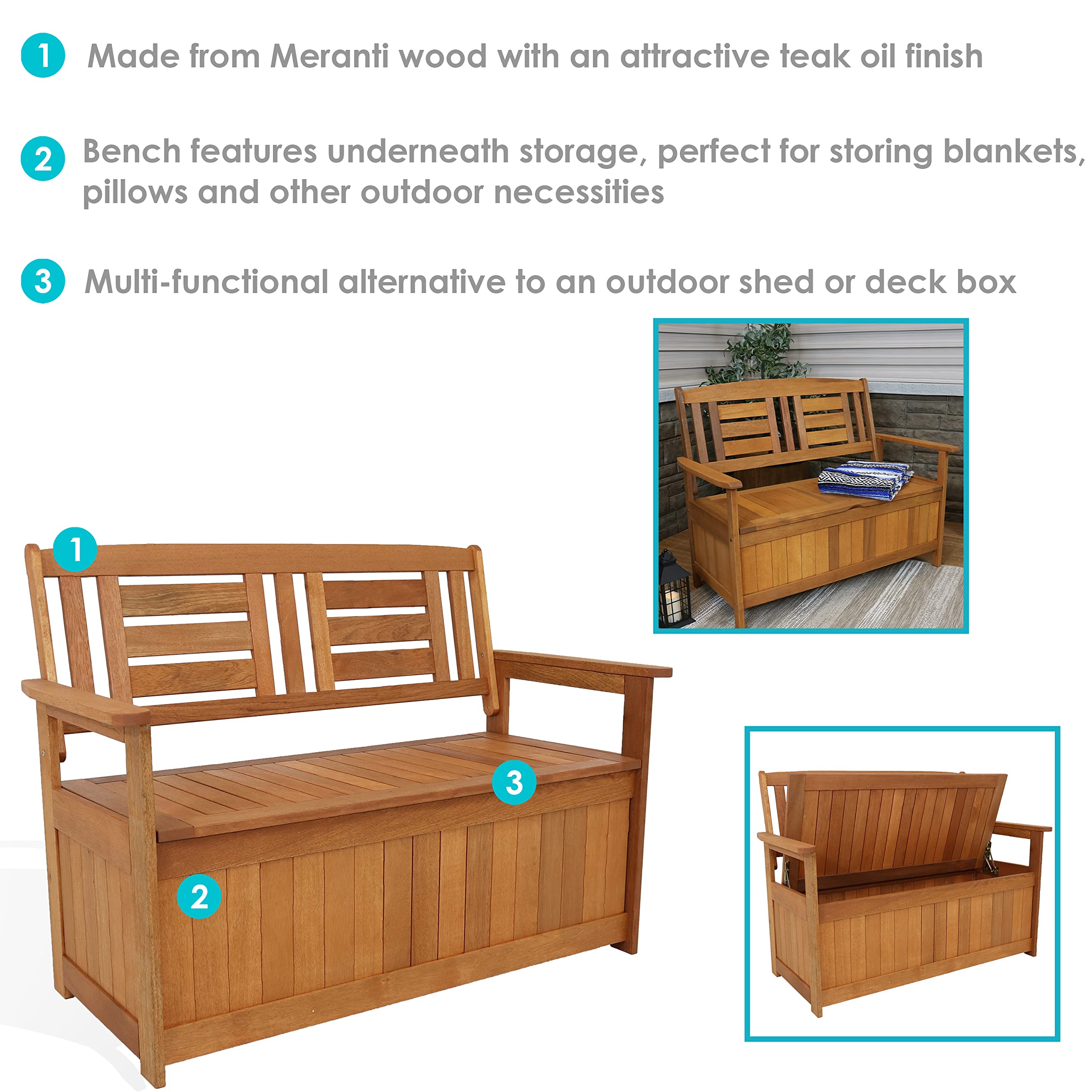 51-Inch Meranti Wood Outdoor Storage Bench with Teak Oil Finish - Weatherproof Patio Furniture for Garden, Deck, and Backyard Seating & Storage