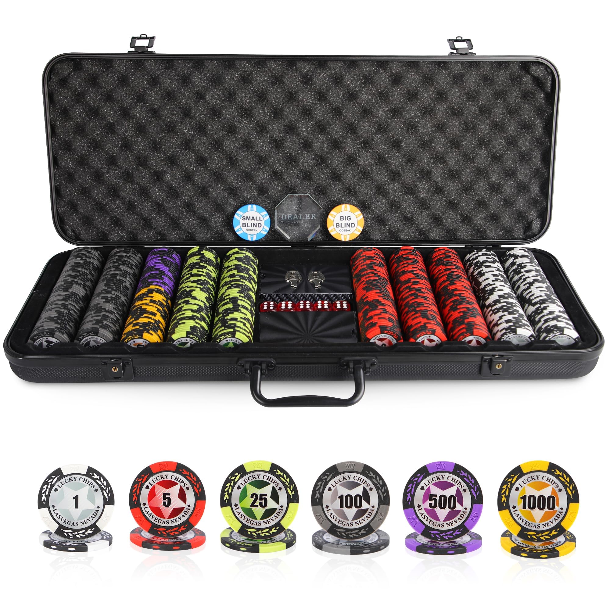 ORIENGEAR 500-Piece 14 Gram Clay Composite Poker Chip Set with Denominations - Includes ABS Case & 2 Decks of Plastic Cards for Texas Hold'em, Blackjack, Casino Night & Home Poker Games
