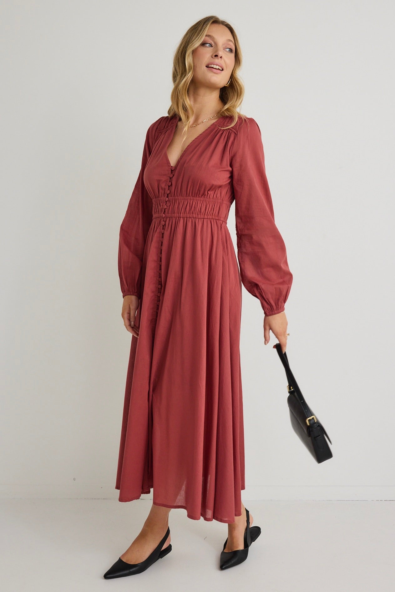 Gala Clay Long Sleeve Button Front Tiered Maxi Dress for Women | Elegant Boho Chic Flowy Dress for Fall Weddings, Parties & Special Occasions