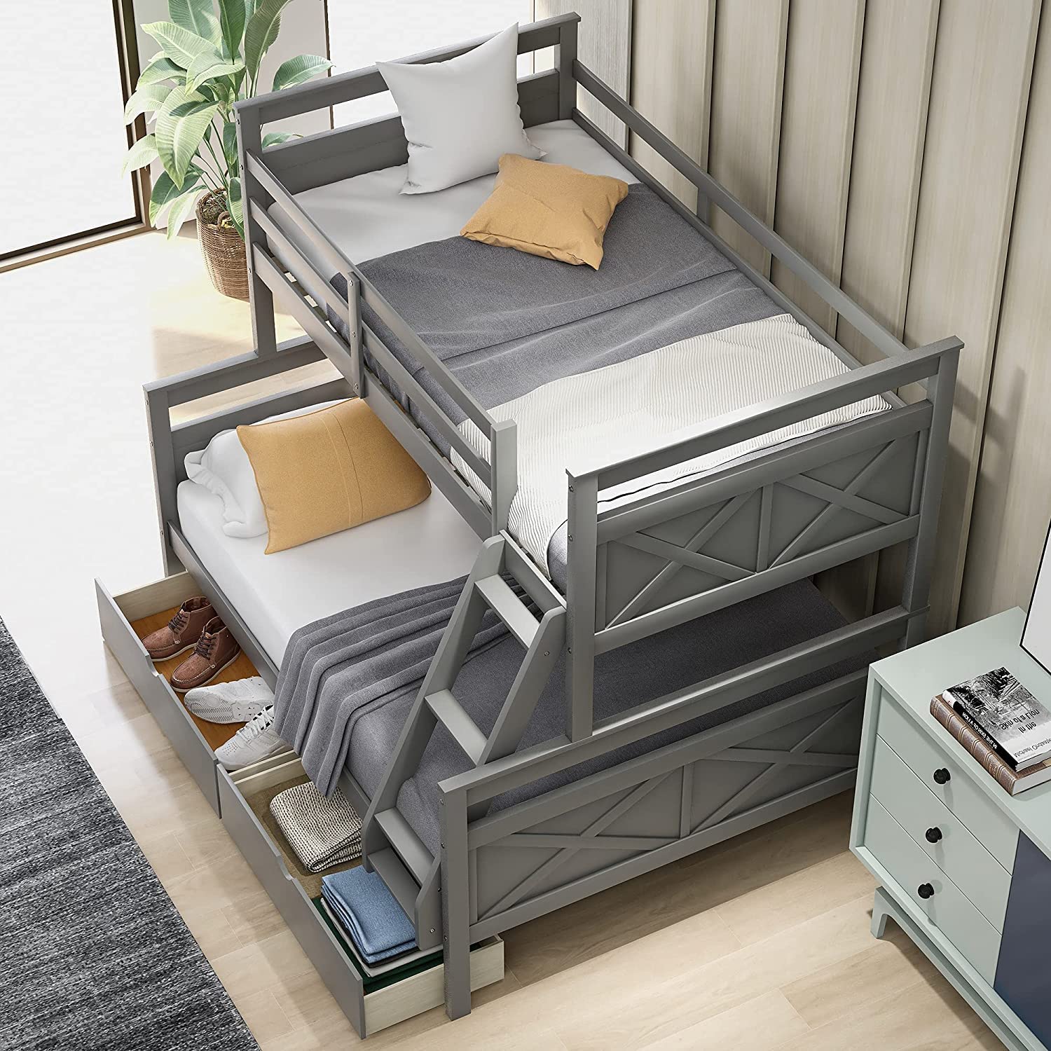 Twin Over Full Bunk Bed with 2 Drawers - Solid Wood Bunk Bed Frame for Kids, Teens & Adults in Gray | Space-Saving Bedroom Solution for Guest Rooms, Dorms & Small Apartments