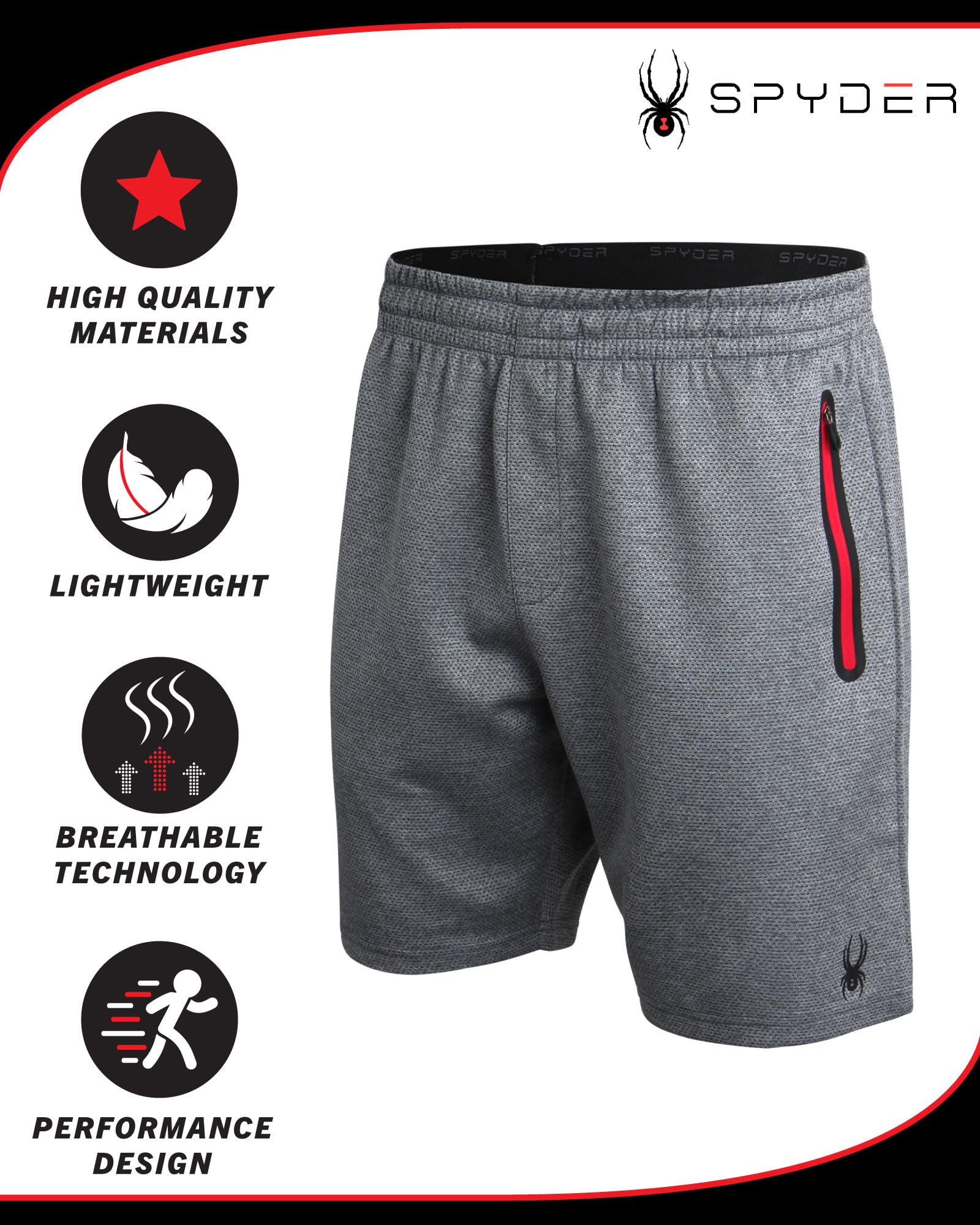 Spyder Men's Active Athletic Shorts - Gym Running Workout Shorts with Reflective Trim & Zip Pockets (S-XL) - Perfect for Training, Jogging & Outdoor Sports