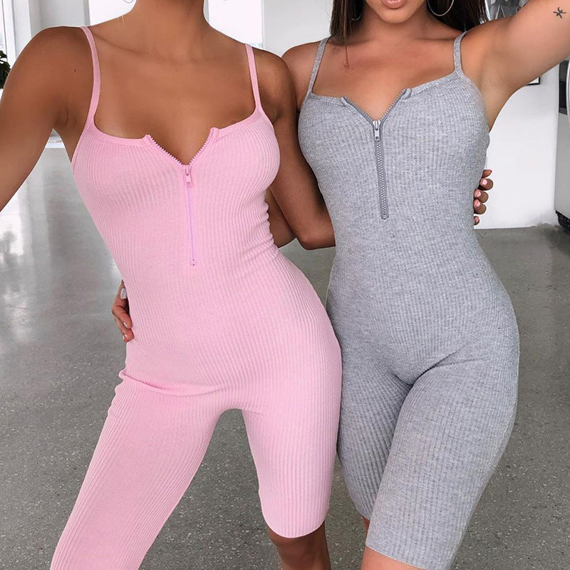 2025 Trendy INS Wind Summer Women's Jumpsuit - Solid Color Sexy Backless Zipper Romper with Suspenders | Perfect for Beach, Party & Casual Outfits