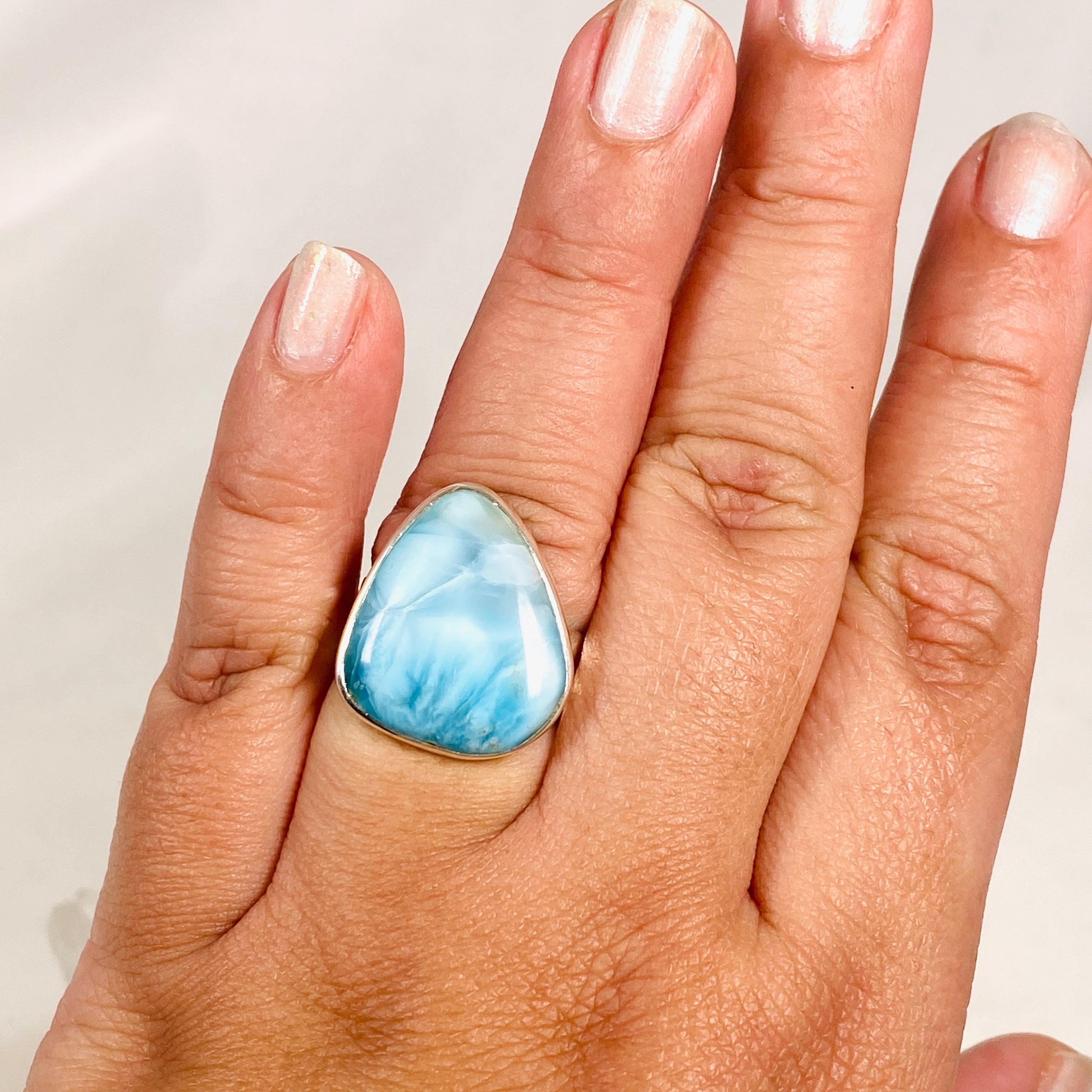Larimar Triangular Ring with Hammered Band - Size 11 Sterling Silver Jewelry KRGJ3100 | Perfect for Boho Fashion, Beach Weddings & Unique Gift Giving