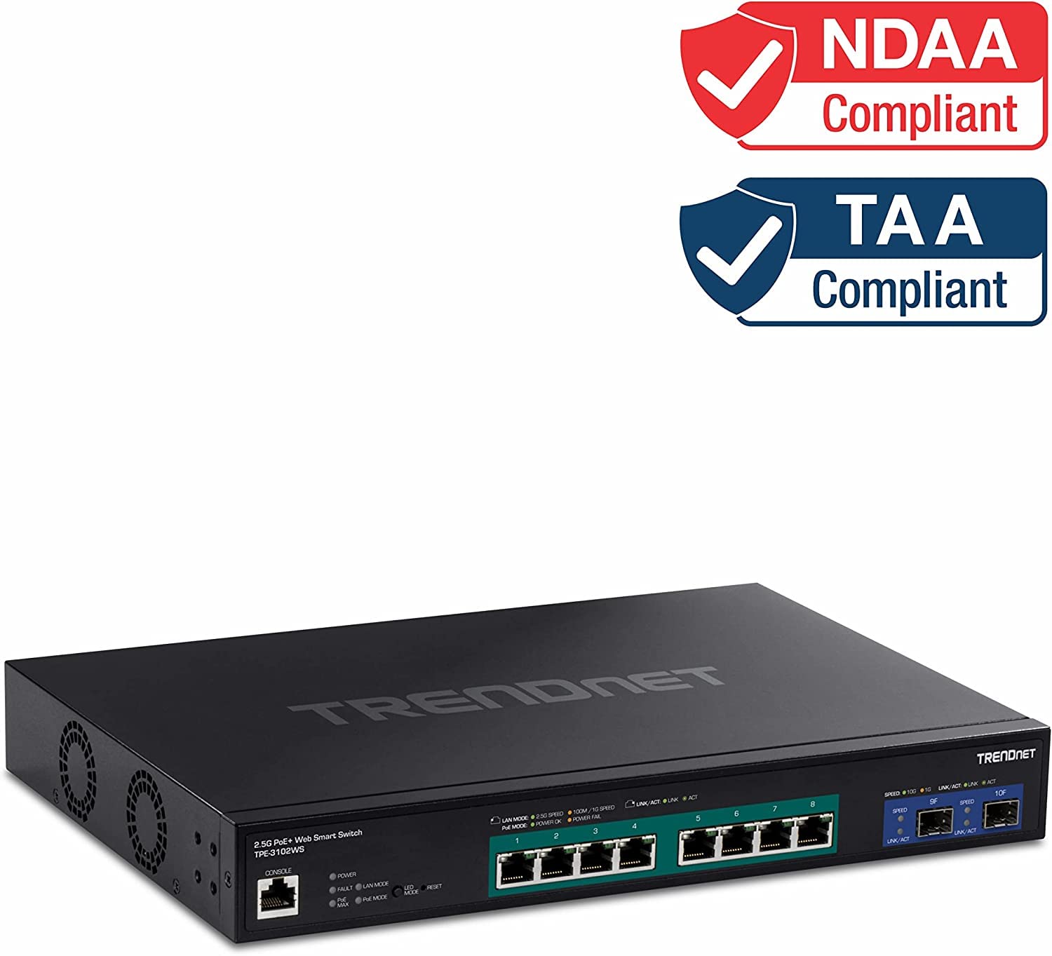 TRENDnet TPE-3102WS 10-Port Multi-Gig Web Smart PoE+ Switch | 8 x 2.5G PoE+ Ports & 2 x 10G SFP+ | Metal Housing Managed Ethernet Switch | Lifetime Protection | Ideal for Office Networks, Surveillance Systems & High-Speed Data Transfer