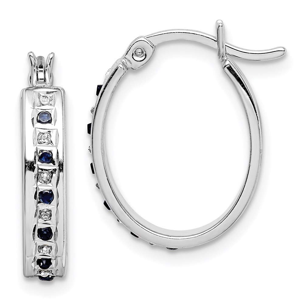 Platinum-Plated Sterling Silver Oval Hoop Earrings with Round Diamond & Sapphire – Elegant Jewelry for Parties, Weddings & Special Occasions