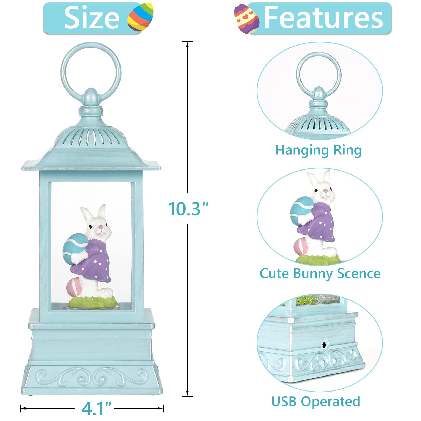 Easter Bunny Lighted Snow Globe Lantern with Swirling Glitter - Spring Holiday Home Decor for Tabletop, Mantel & Easter Party Decorations (Bunny & Eggs Design)