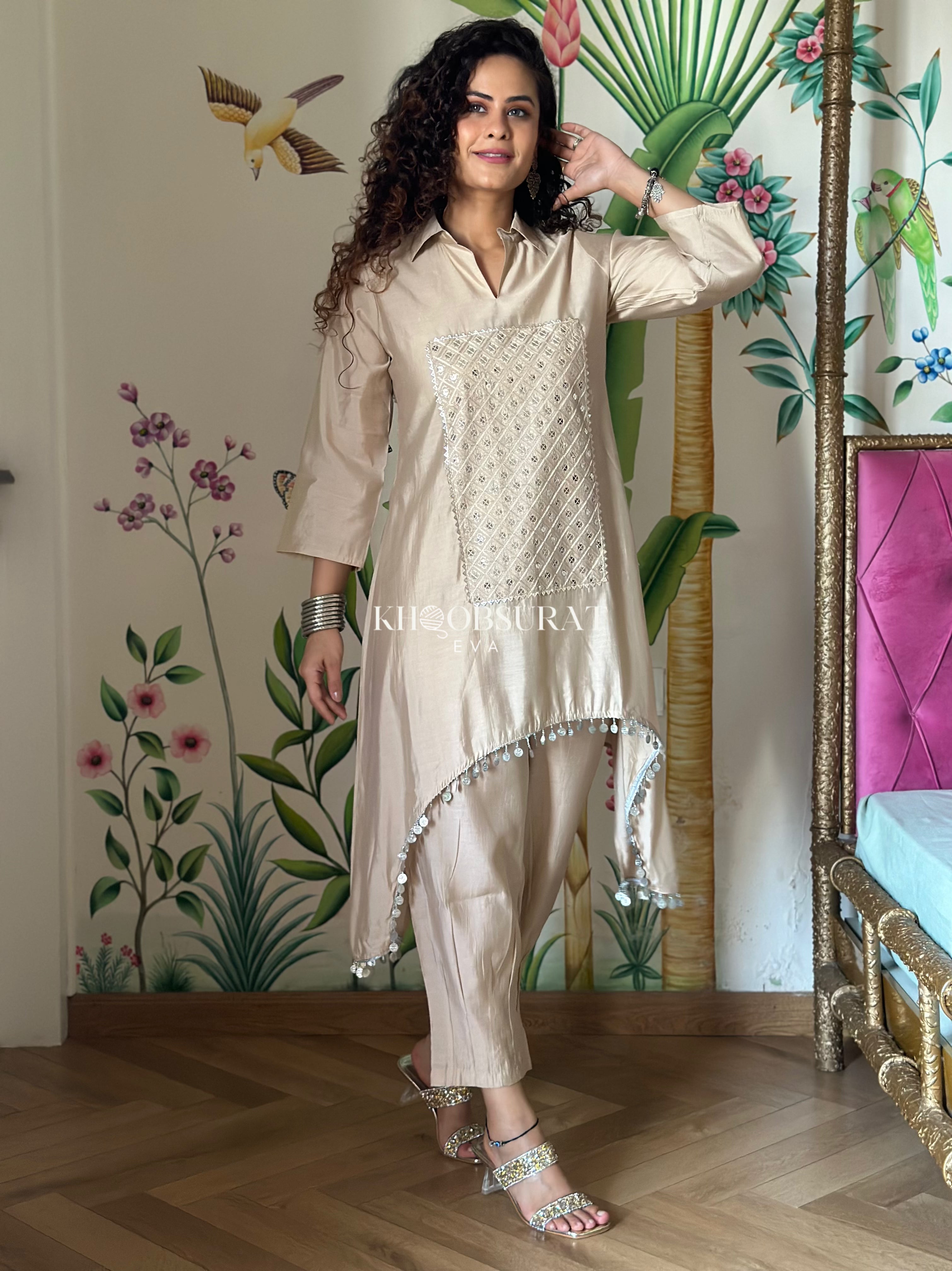 Bonjour Begum Beige Sequin Kurta Set - Elegant Indian Embroidered Top & Pants Outfit for Women | Perfect for Weddings, Parties & Festive Occasions