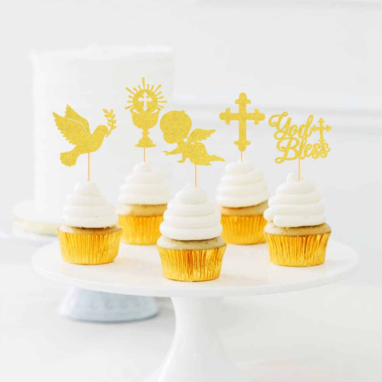 35 Pack Gold Cross Cupcake Toppers - God Bless Baptism & Baby Shower Party Decorations - Perfect for Christening, First Communion, Religious Celebrations & Christian Events