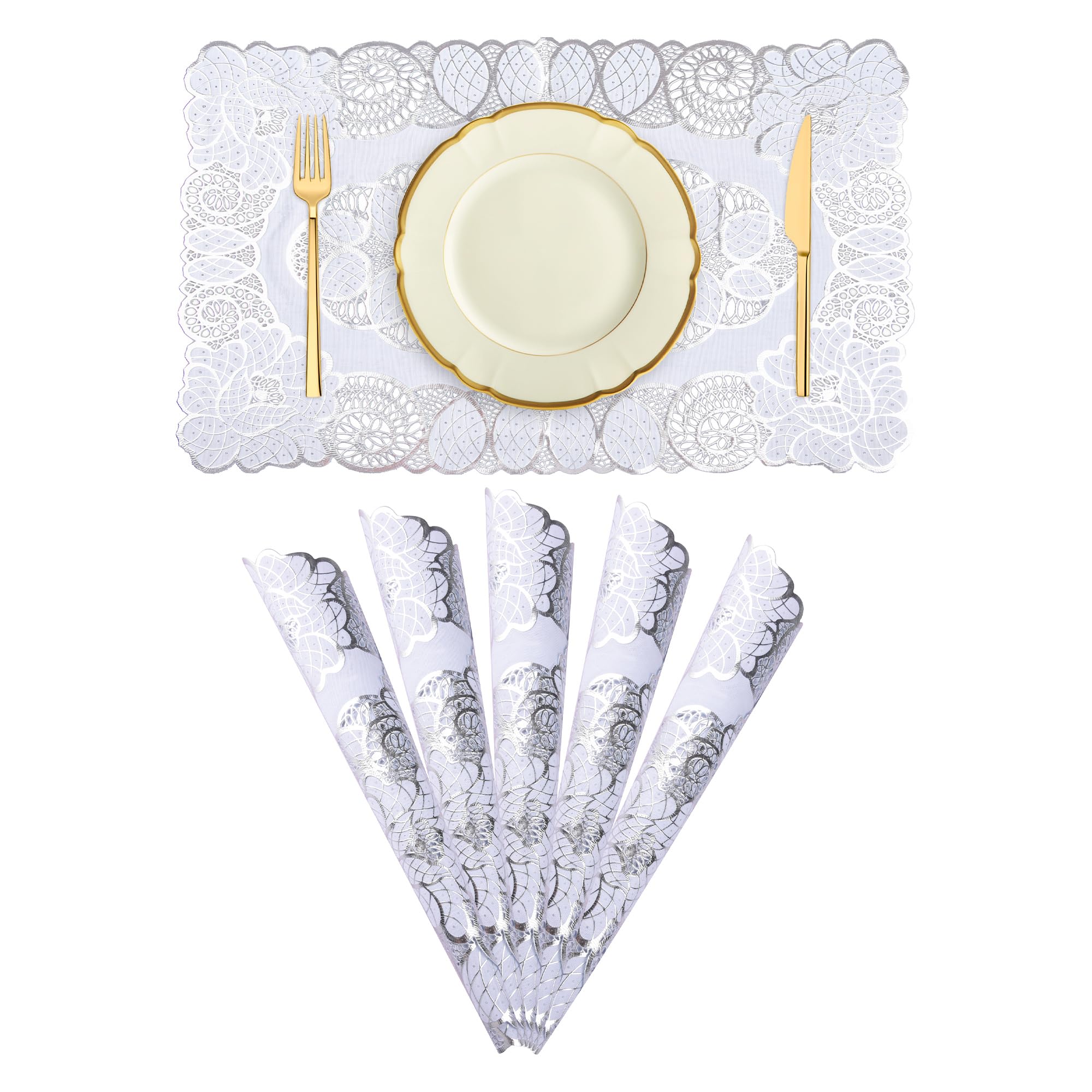 Premium Kuber Industries Placemat Set - 4-Piece Silver Dining Table Mats (14x20 Inches) for Elegant Kitchen & Dining Room Decor | Perfect for Everyday Meals, Dinner Parties & Holiday Gatherings