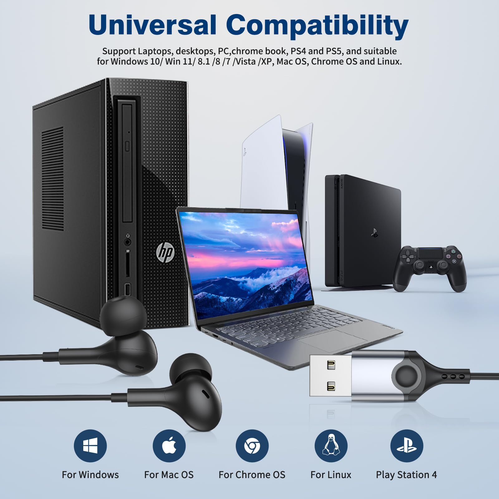 ACANDYA USB Computer Headset with Microphone - Noise Cancelling Gaming Headphones for PC/Laptop (7.5FT Cord, In-Ear Magnetic Earbuds) - Perfect for Office Work, Live Streaming, Online Meetings & Gaming