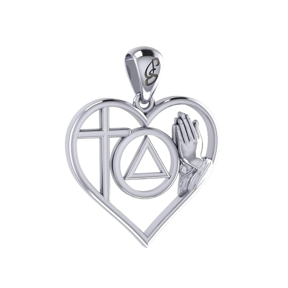 Faith & Christogram Heart Sterling Silver Recovery Pendant with AA/NA Symbol - Adjustable 18