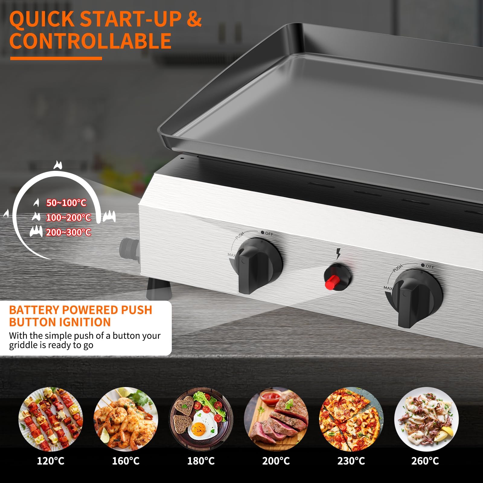 SKOK 3 Burner Gas Griddle - 23.3 Inch Outdoor Propane Griddle with 30,000 BTU - Portable Flat Top Gas Grill for Camping, Backyard BBQ & Tailgating - Perfect for Outdoor Cooking, Patio Parties & RV Adventures