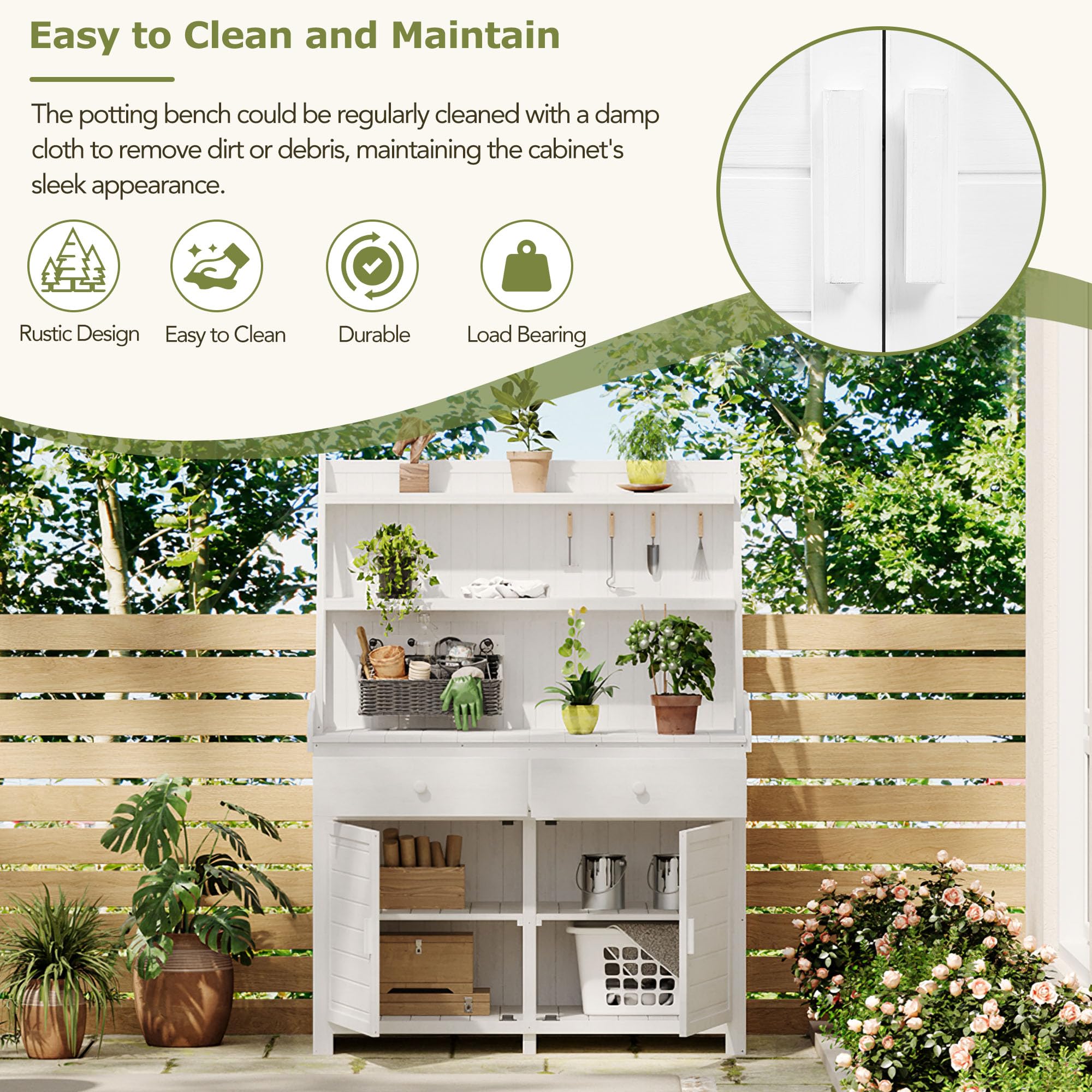 P PURLOVE Fir Wood Garden Potting Bench with Storage Shelf, Drawer & Cabinet - Durable Outdoor Work Table for Gardening, Backyard & Patio - Perfect for Planting, Potting & Organizing Tools