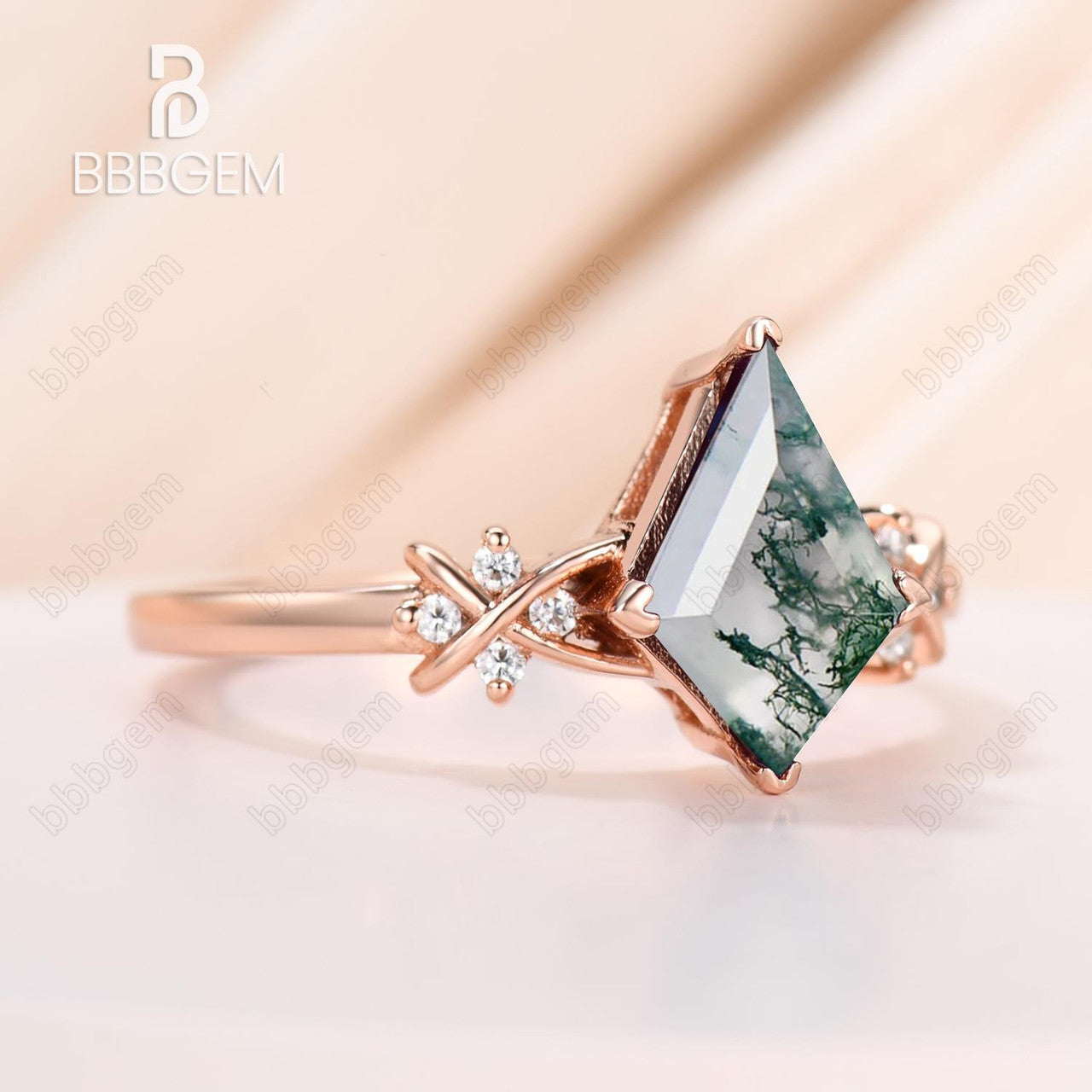14K Rose Gold Kite Cut Moss Agate Diamond Engagement Ring - Geometric V-Prong Promise Jewelry for Women | Perfect for Proposals, Anniversaries & Special Occasions