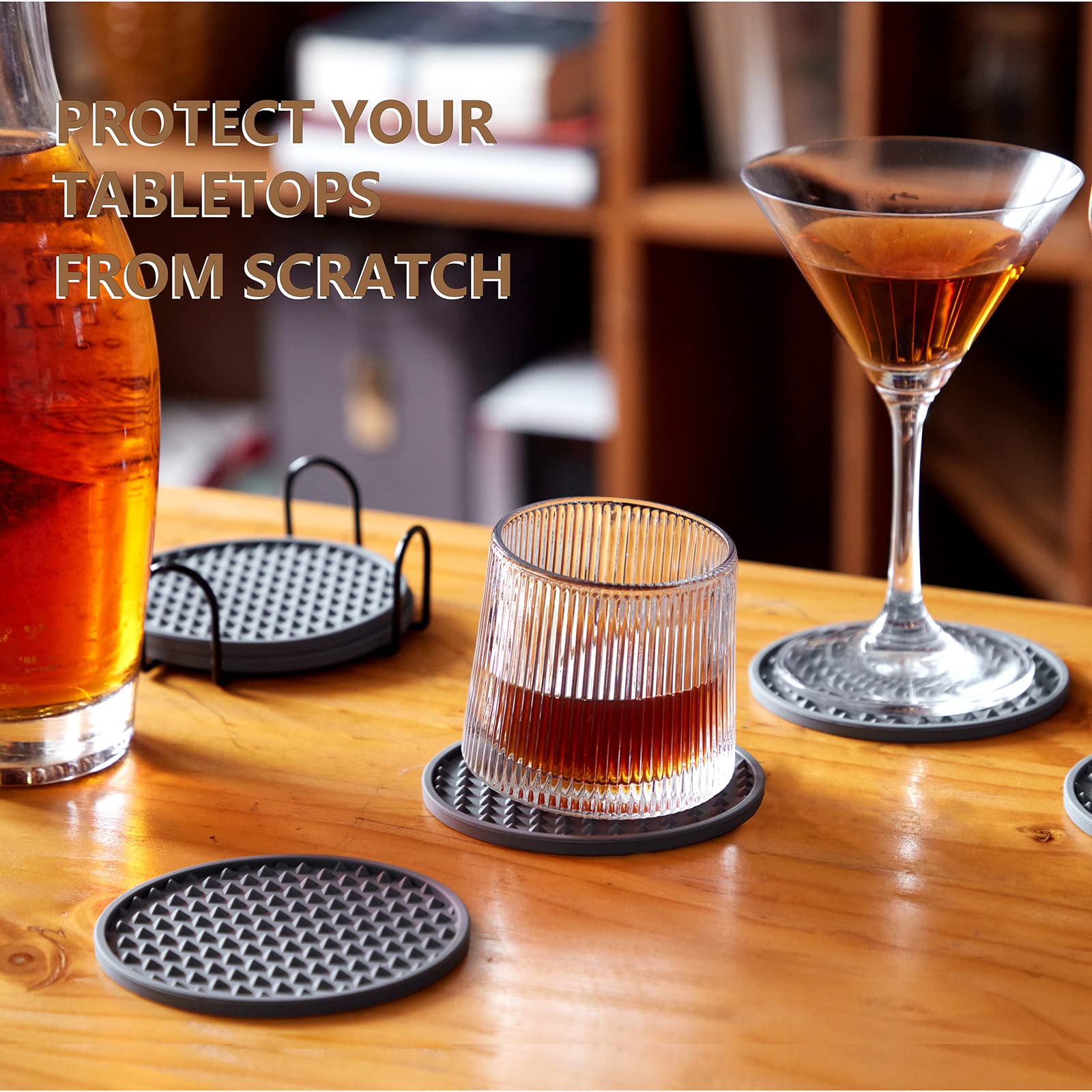 8-Pack Silicone Drink Coasters Set - Non-Slip Table Protectors for Wood, Granite & Stone Tables | Dishwasher Safe | Fits All Glass Sizes (Grey) | Perfect for Dining Tables, Coffee Bars & Outdoor Entertaining
