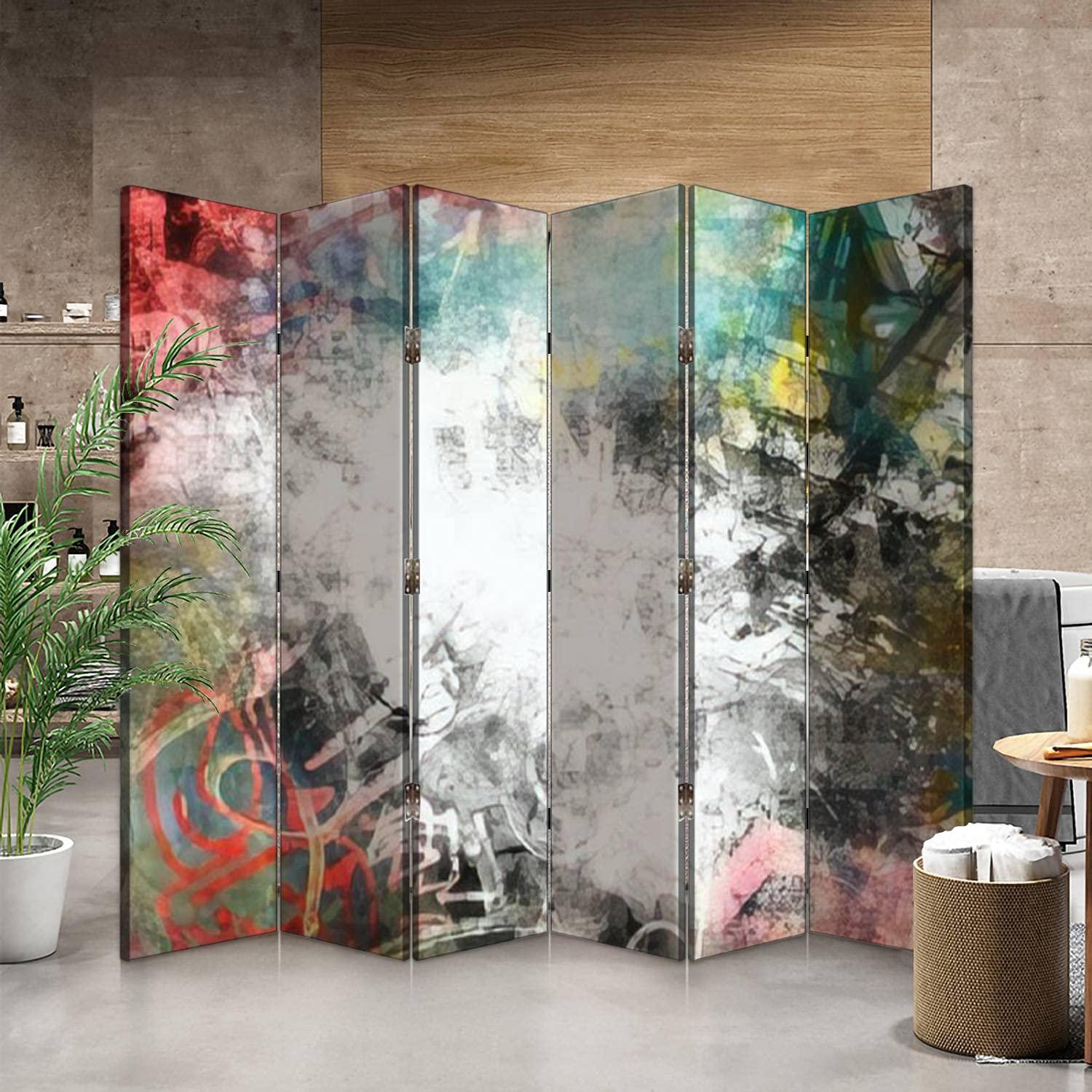 6-Panel Canvas Room Divider Screen - Graffiti Art Folding Privacy Partition with Grunge Colorful Background | Perfect for Home Offices, Studios & Room Separation