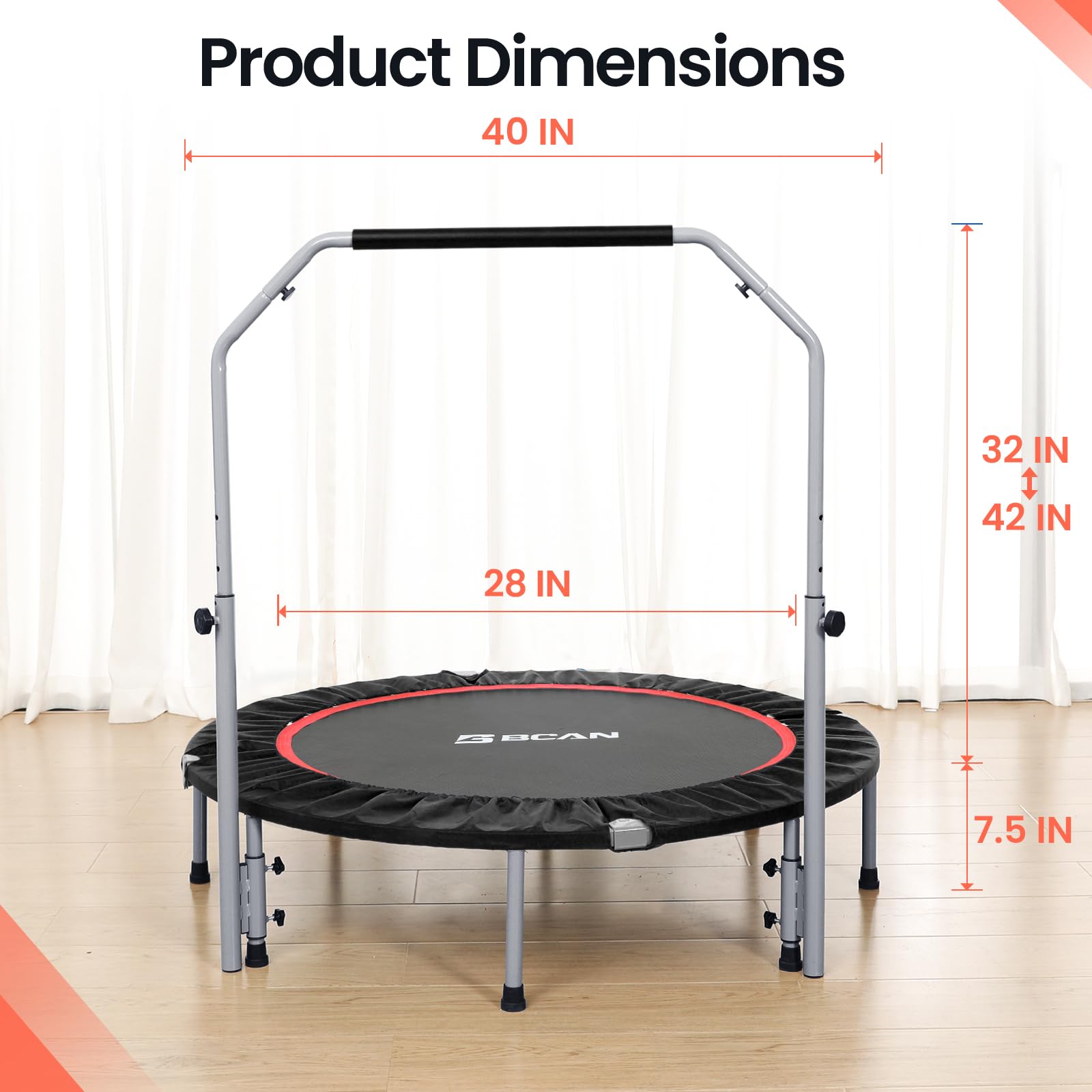 BCAN 40/48 Inch Foldable Mini Trampoline for Adults - 330/440 lbs Weight Capacity, Adjustable Foam Handle Fitness Rebounder - Indoor & Outdoor Exercise Equipment for Home Gym, Garden Workout, Cardio Training