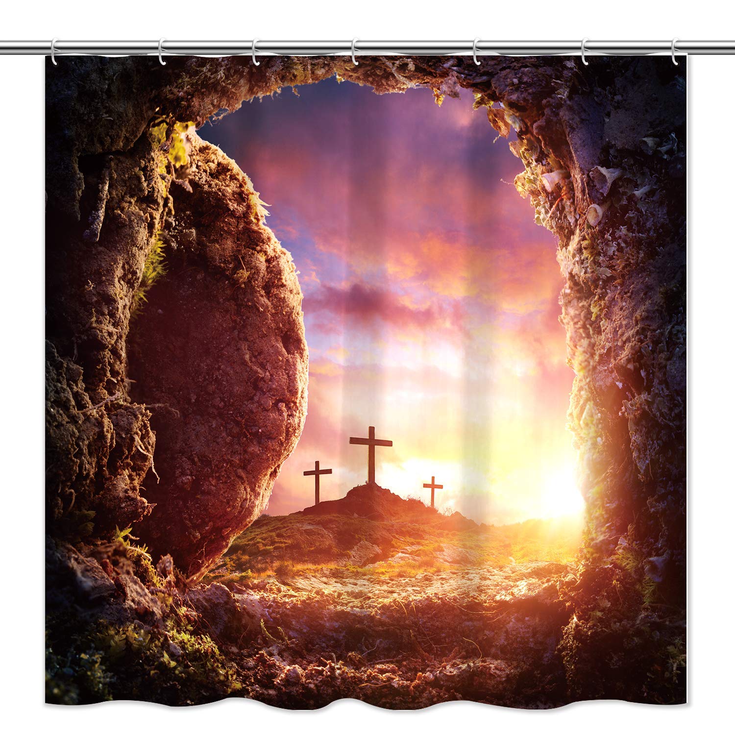 Easter Cross Christian Shower Curtain Set with Hooks - Sunrise Easter Egg Bathroom Decor - Eco-Friendly, Odor-Free & Rustproof Grommets - Perfect for Easter Home Decor & Religious Bathroom Themes