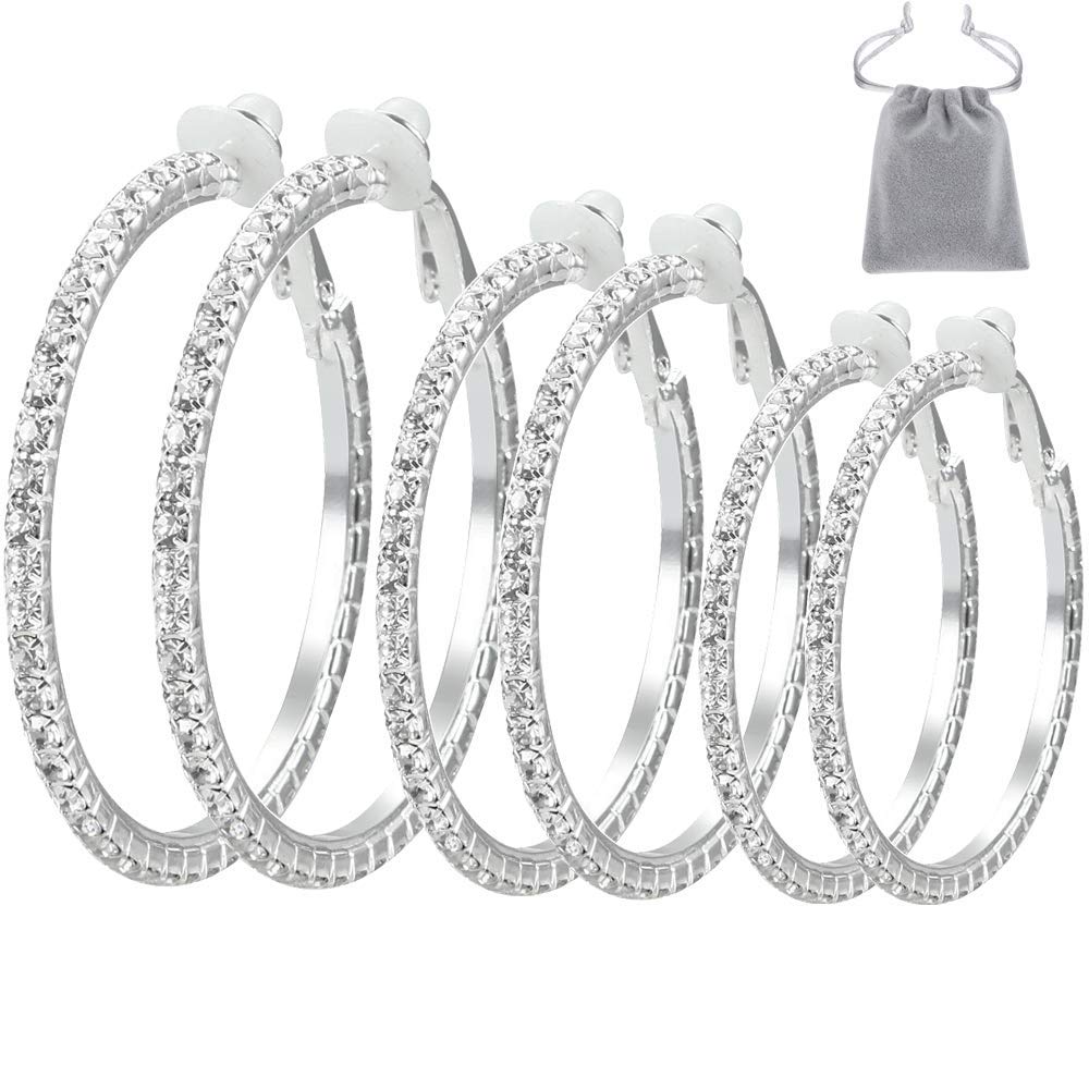 Elicola 3 Pairs Clip On Hoop Earrings with Cubic Zirconia - Non Piercing Earrings Set for Women & Girls (Silver, 35-55mm) - Perfect for Parties, Weddings & Everyday Wear