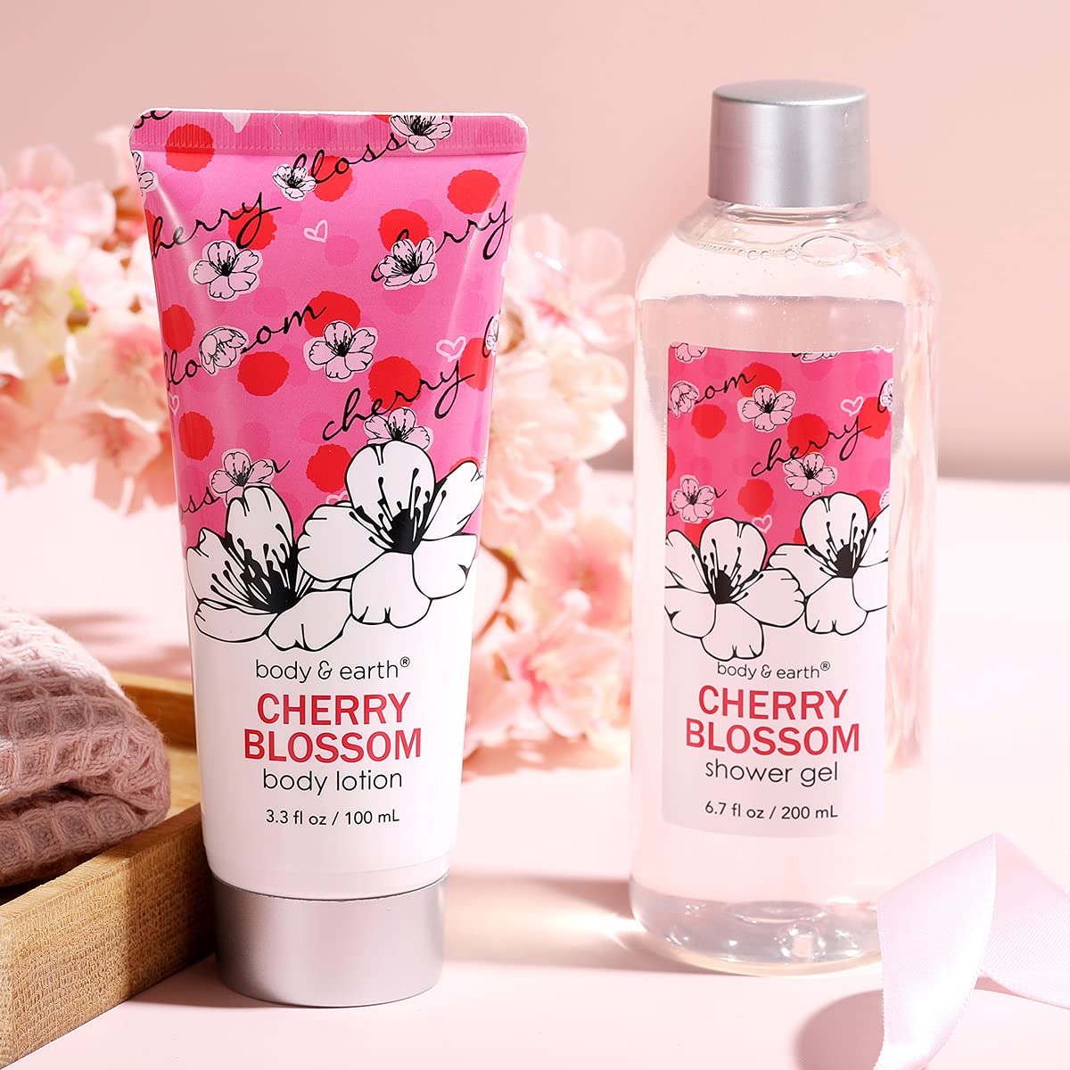 Luxury 5-Piece Cherry Blossom Spa Gift Set for Women - Shower Gel, Body Scrub, Lotion, Hand Soap & Rose Flower in Elegant Double-Layer Box | Perfect Birthday, Anniversary, Mother's Day Gift & Relaxing Home Spa Experience