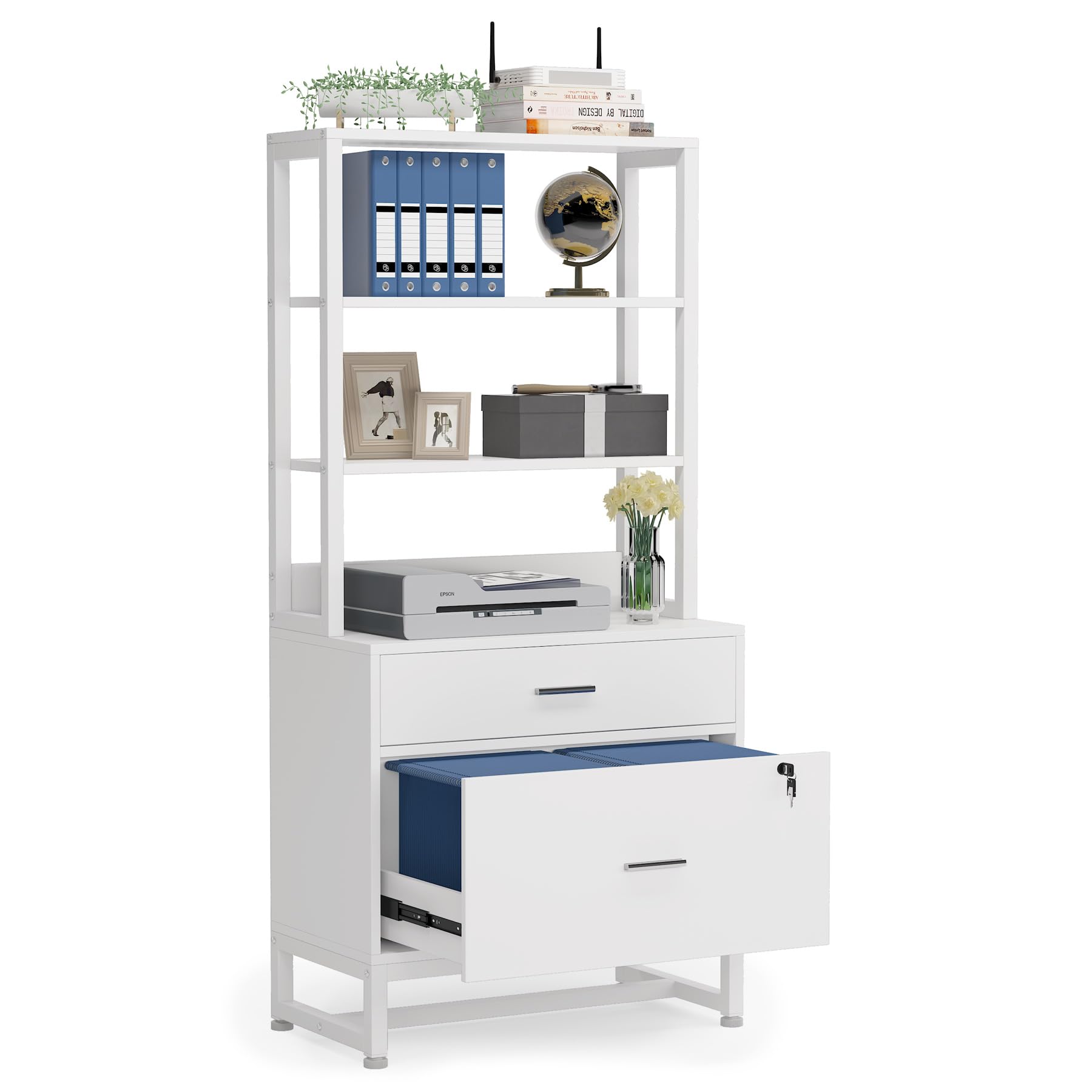 Tribesigns 2-Drawer Locking File Cabinet with Bookshelf - Letter Size Vertical Filing Cabinet, Modern Office Storage with Open Shelves for Printer & Supplies - Perfect for Home Office Organization (White)