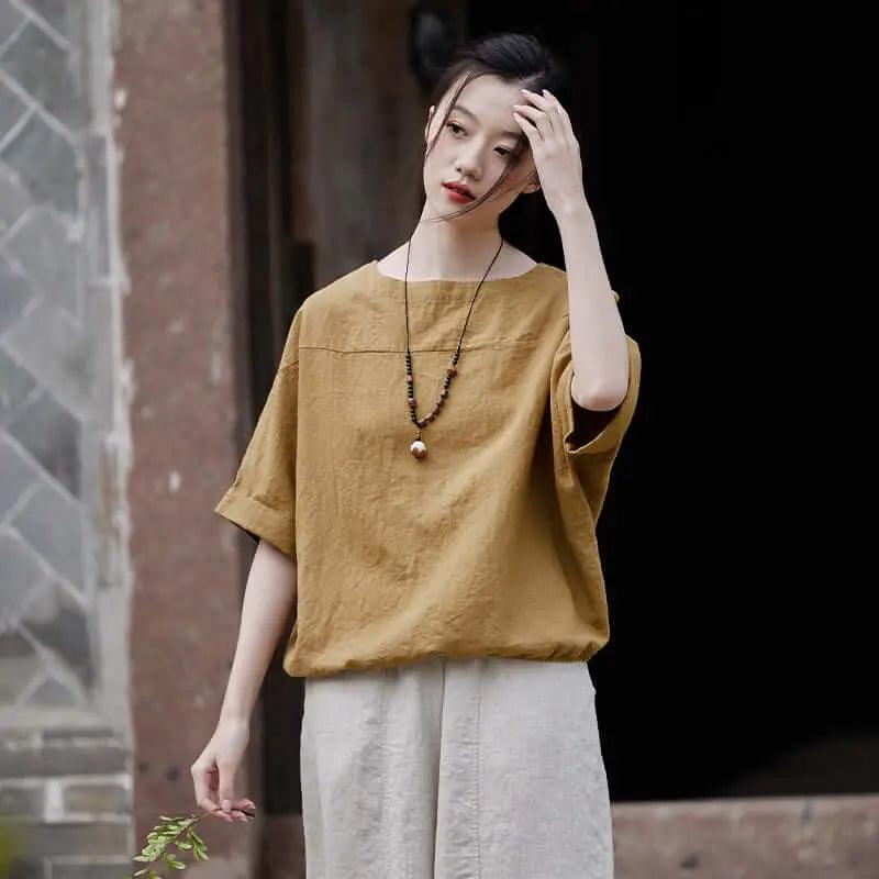 Women's Loose Fit White Cotton Linen Blend Short Sleeve T-Shirt - Casual Summer Top for Beach, Travel & Everyday Wear