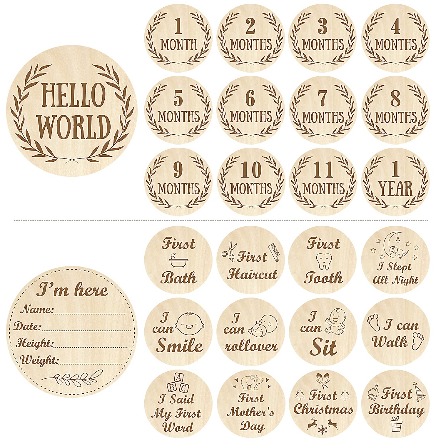 Wooden Baby Milestone Cards - Double Sided Engraved Monthly Photo Prop Discs for Newborn First Year | Perfect Baby Shower Gift Set with Velvet Bag | Capture Precious Moments & Track Infant Growth (Round Design)