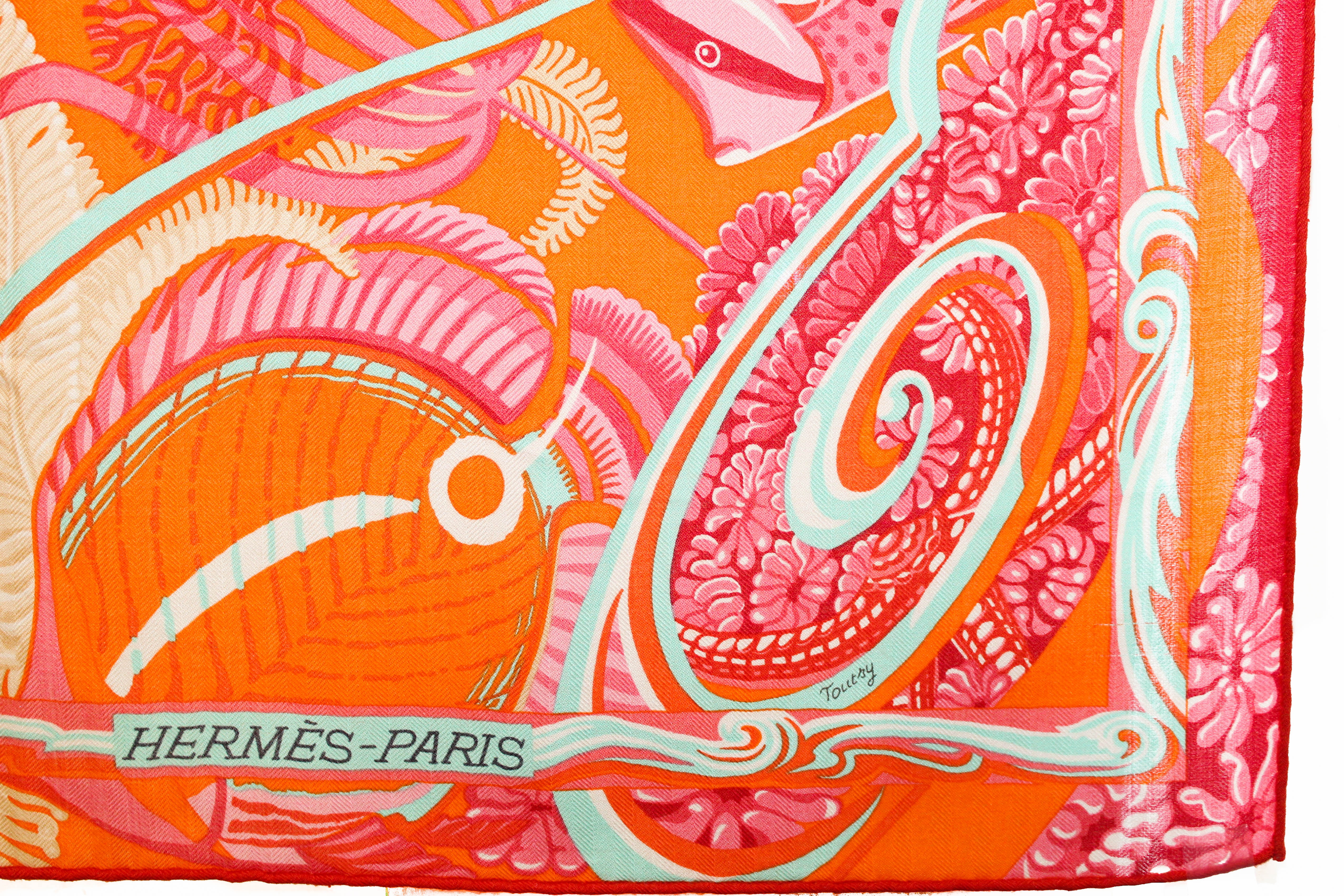Authentic Hermes Cashmere Silk De La Mer Au Ciel Shawl 140 - Orange Vert Corail Scarf Wrap for Women | Luxury Fashion Accessory for Parties, Weddings & Special Occasions