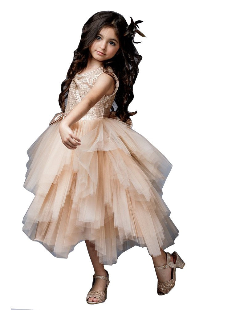 Champagne Sequin Ruffle Tiered Party Dress for Big Girls Size 8-12 | Elegant Special Occasion Gown for Prom, Quinceañera & Pageant