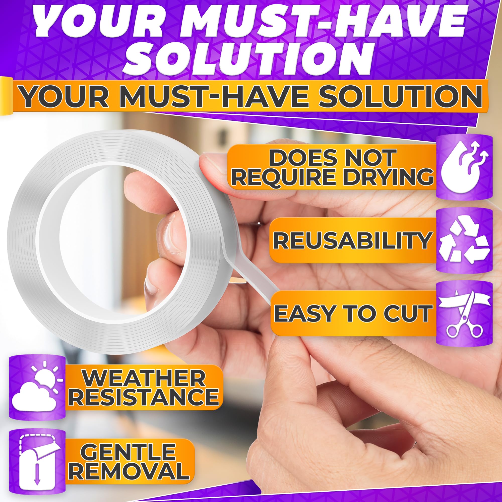 Strong Double Sided Tape - Heavy Duty Nano Adhesive Mounting Tape for Walls, Carpets & Home Decor | Reusable & Damage-Free Hanging Solution for Pictures, Mirrors, Hooks & DIY Projects