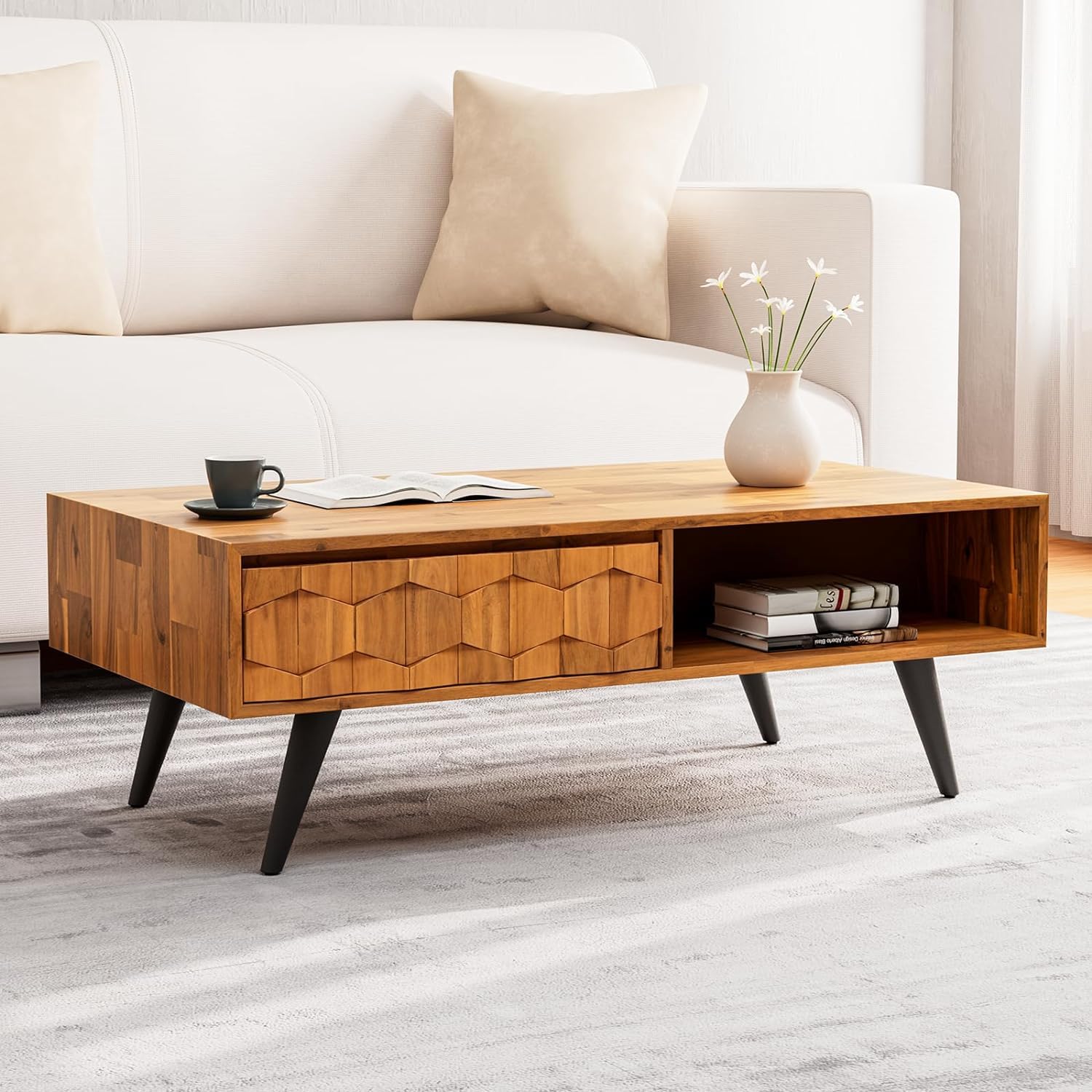 Mid Century Modern Coffee Table - Solid Wood with Storage Drawers for Living Room | Home Decor Centerpiece
