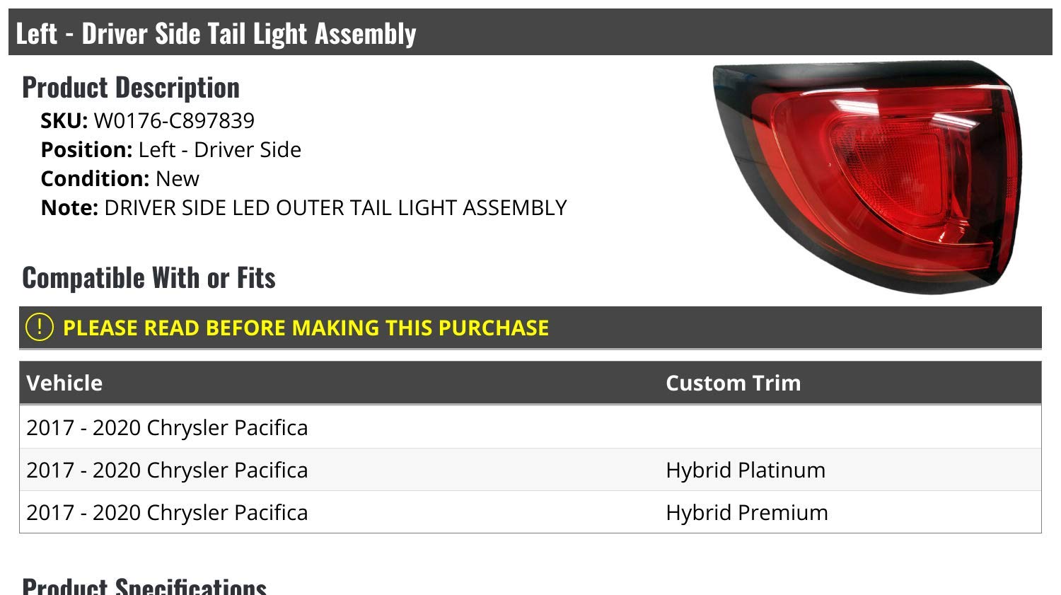 2017-2020 Chrysler Pacifica Left Driver Side LED Tail Light Assembly - Replacement for Broken/Defective Lights - Perfect for Night Driving & Enhanced Safety