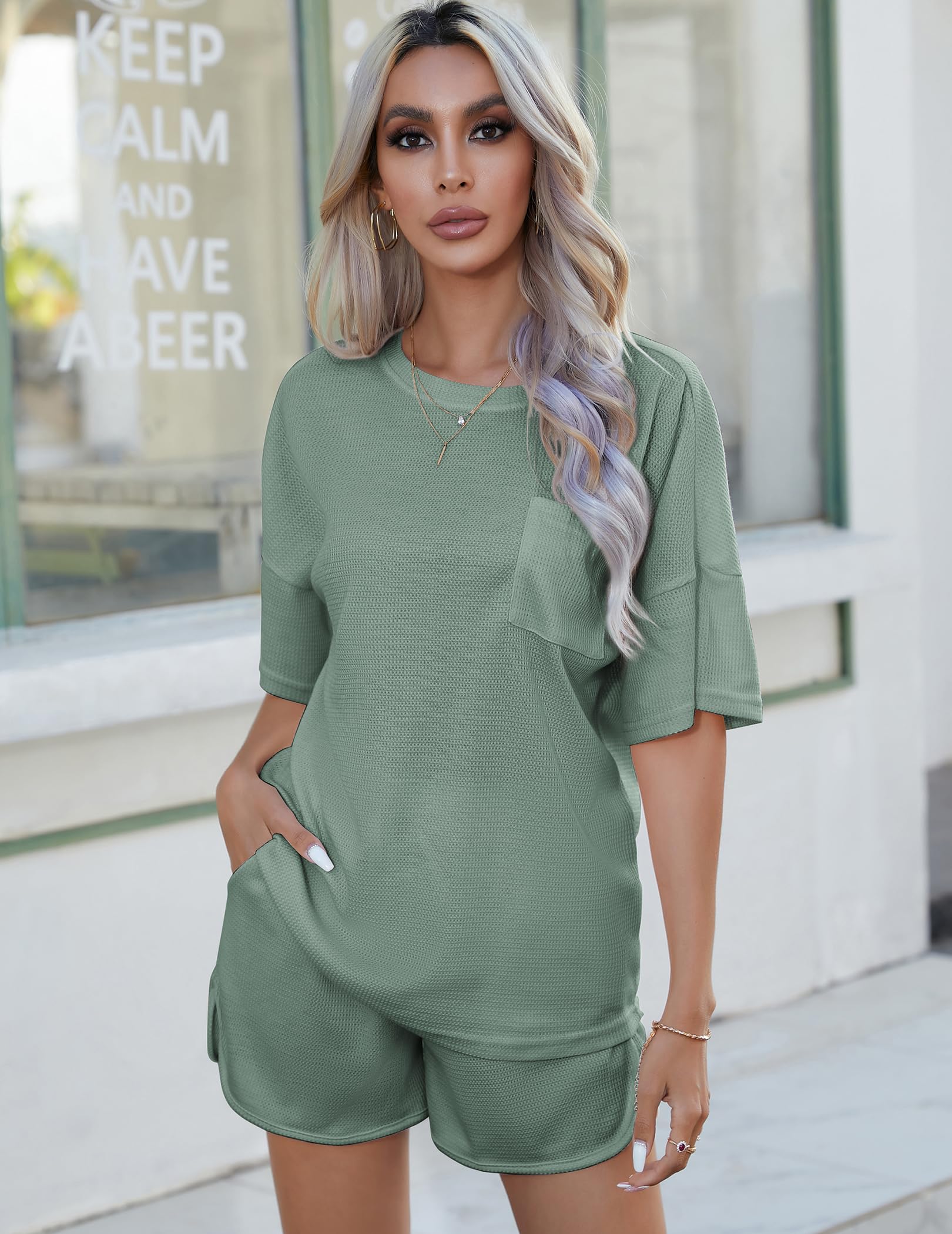 Andeip Women's Waffle Knit Pajama Set - Short Sleeve Top & Shorts 2-Piece Loungewear with Pockets | Soft Sleepwear, Cozy Home Outfit, Comfy Nightwear for Relaxing & Lounging at Home