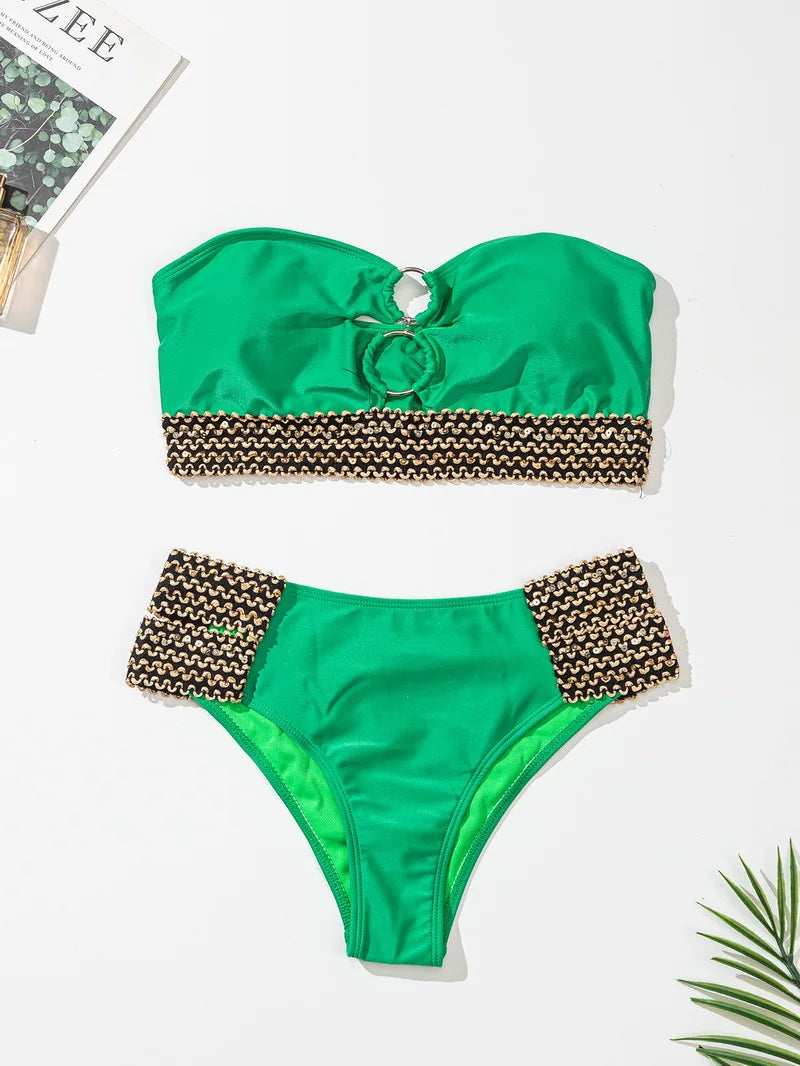 2024 Women's Strapless Bandeau Bikini Set - Brazilian Thong Swimwear with Sequin Braiding | Beach Vacation, Pool Party, Summer Fashion