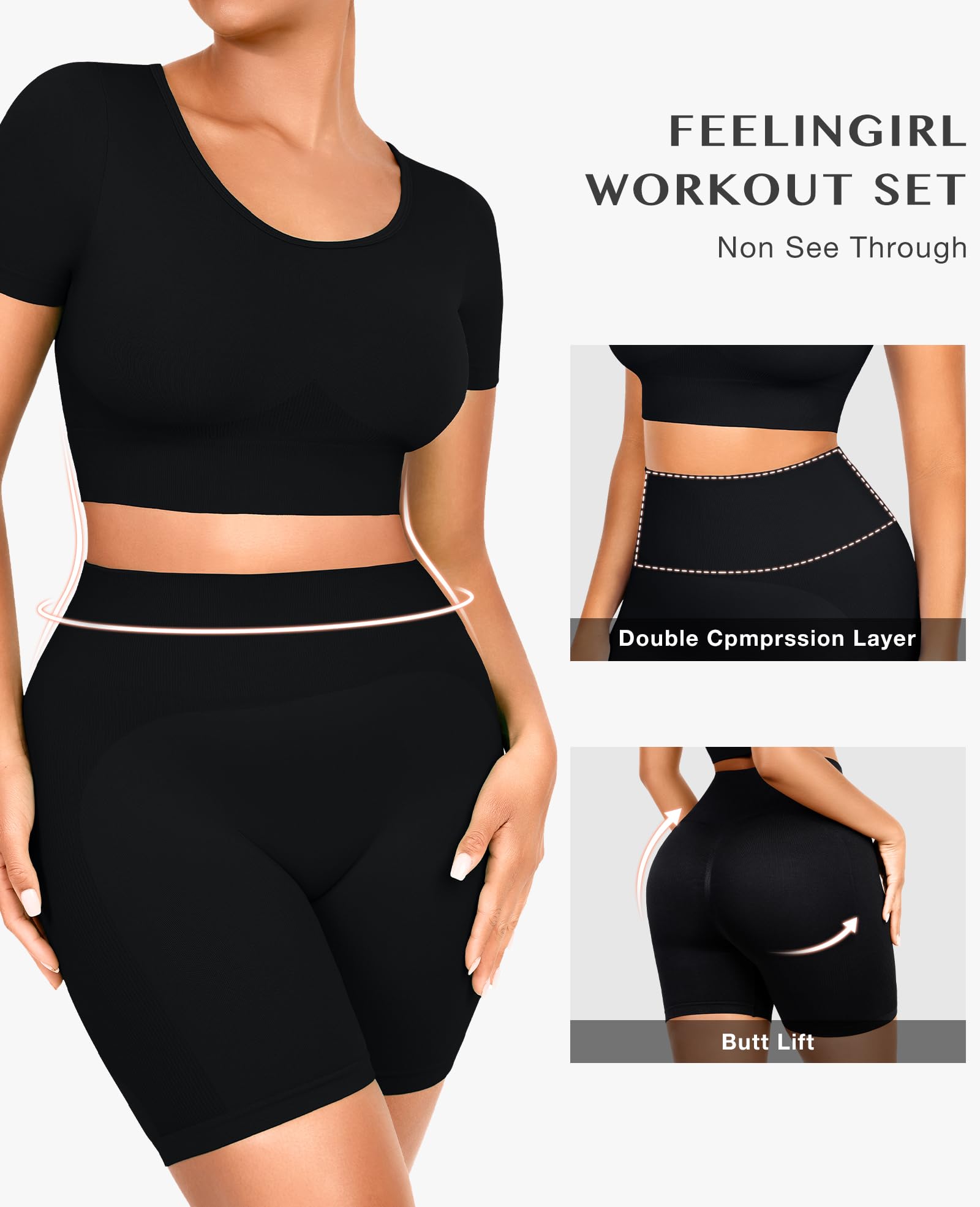 FeelinGirl Women's 2-Piece Workout Set - Seamless Crop Top & High Waist Shorts | Gym Outfits for Yoga, Running & Fitness | Breathable Activewear for Women