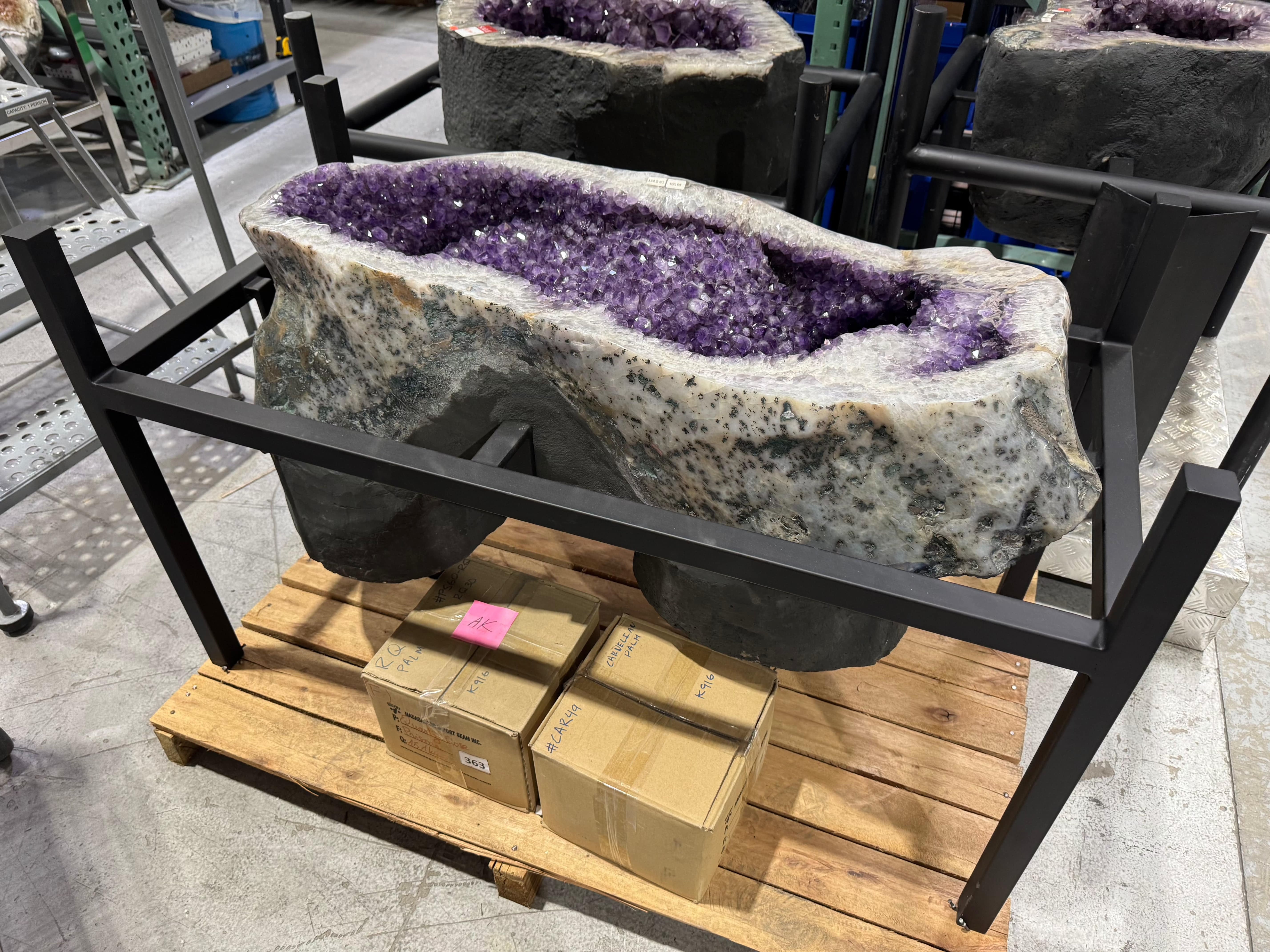 Natural Amethyst Geode Table from Brazil with Custom Wood Stand – 51 lbs | Home Decor, Meditation Room Centerpiece, Healing Crystal Furniture