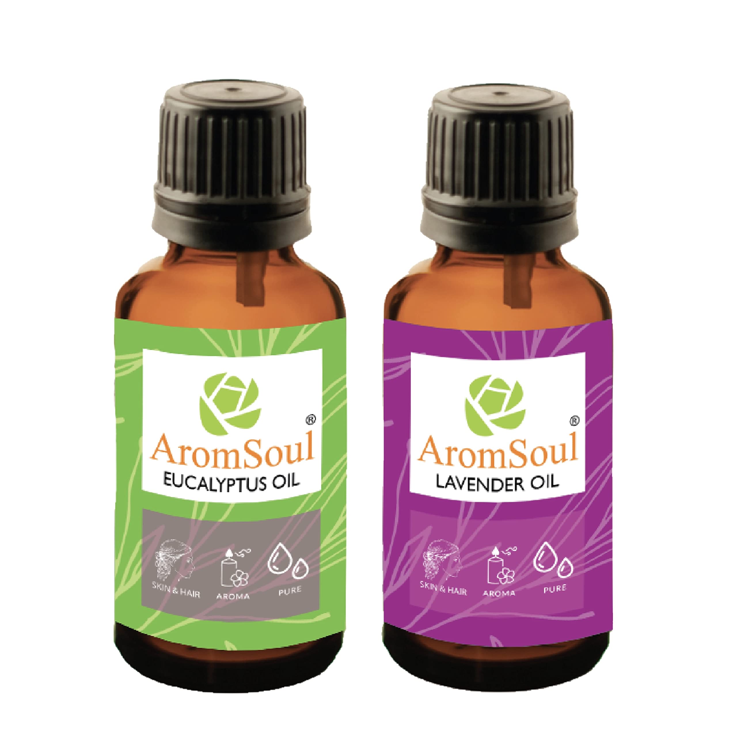 AromSoul Pure Eucalyptus & Lavender Essential Oil Set - 2 Pack (15ml Each) | Therapeutic Grade for Hair, Skin & Face Care | Aromatherapy, Massage & Diffuser Use | Relaxation & Stress Relief Essential Oils
