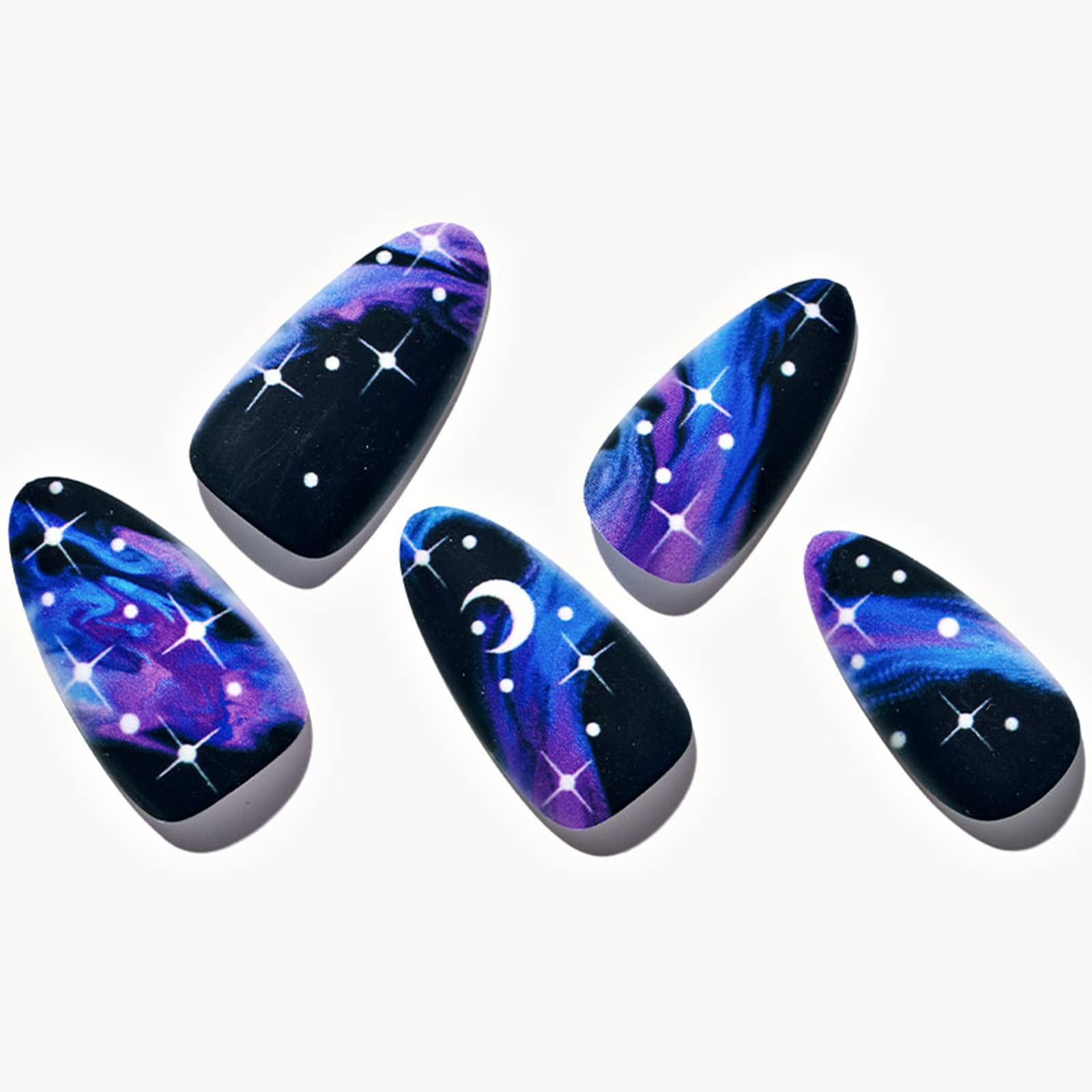 Glamermaid Black Press on Nails - Medium Almond Shape with Dull Blue Ombre & Galaxy Star Design - Reusable Acrylic Fake Nails for Women - Perfect for Parties, Weddings, and Special Occasions