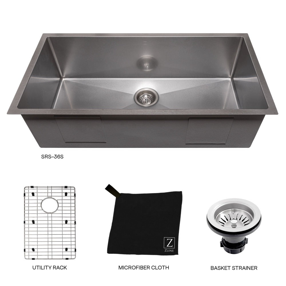 ZLINE 36 Inch Meribel Undermount Single Bowl Kitchen Sink - Satin Stainless Steel with Bottom Grid (SRS 36S) | Perfect for Modern Farmhouse & Commercial Kitchens