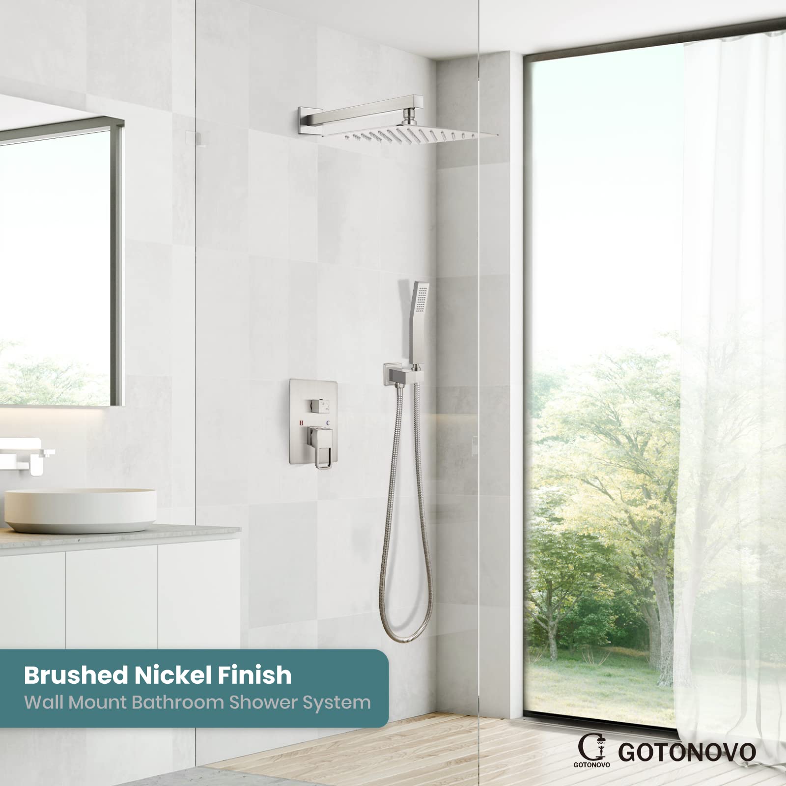 Gotonovo Brushed Nickel Rainfall Shower System Set - 10 Inch Shower Head with Handheld Spray, Wall Mount Mixer Valve & Trim Kit for Modern Bathroom | Perfect for Spa-Like Experience and Luxury Home Renovation